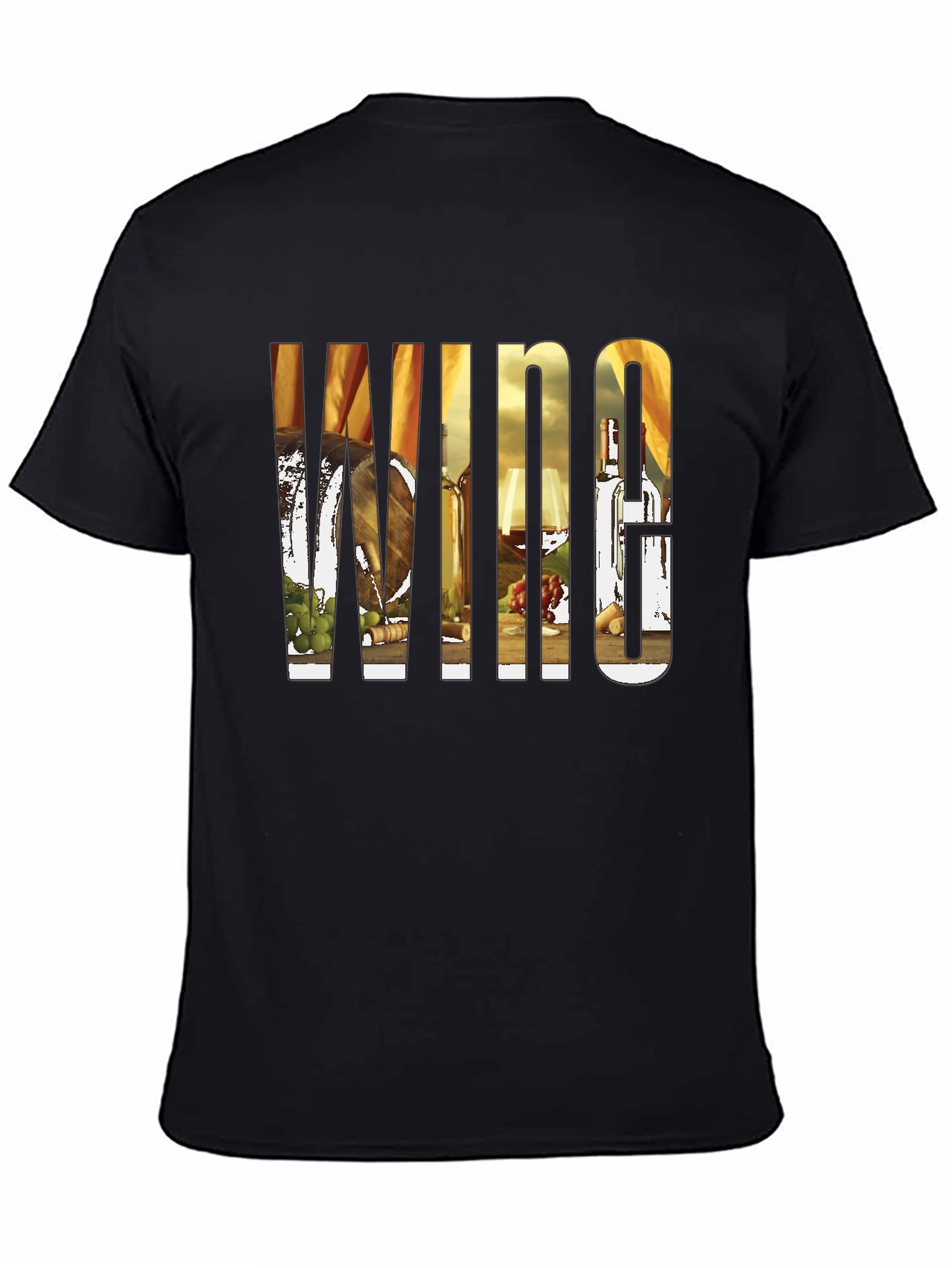 Wine Lovers Black T-Shirt: Barrel Bottle Glass Design