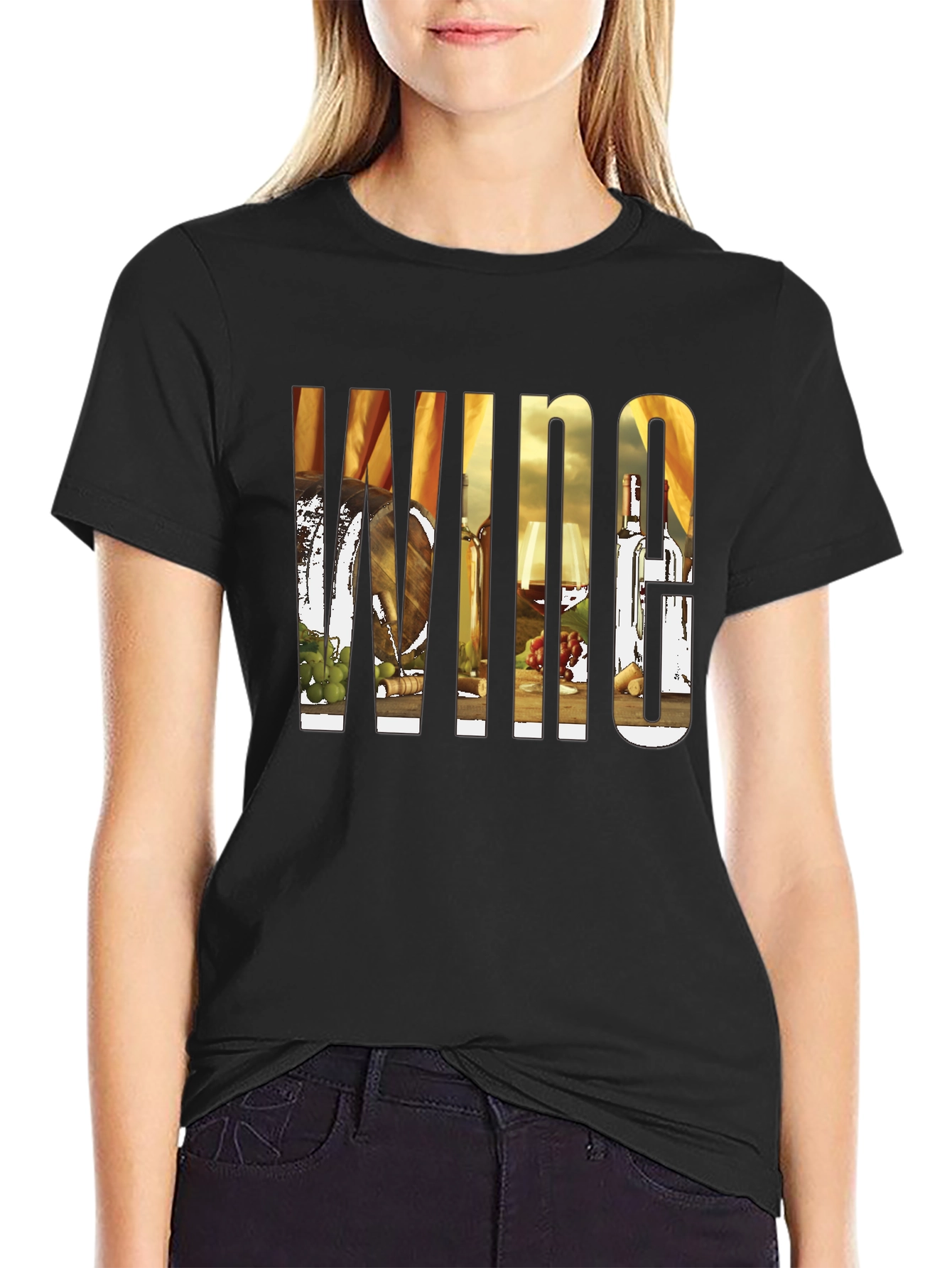 Wine Lovers Black T-Shirt: Barrel Bottle Glass Design
