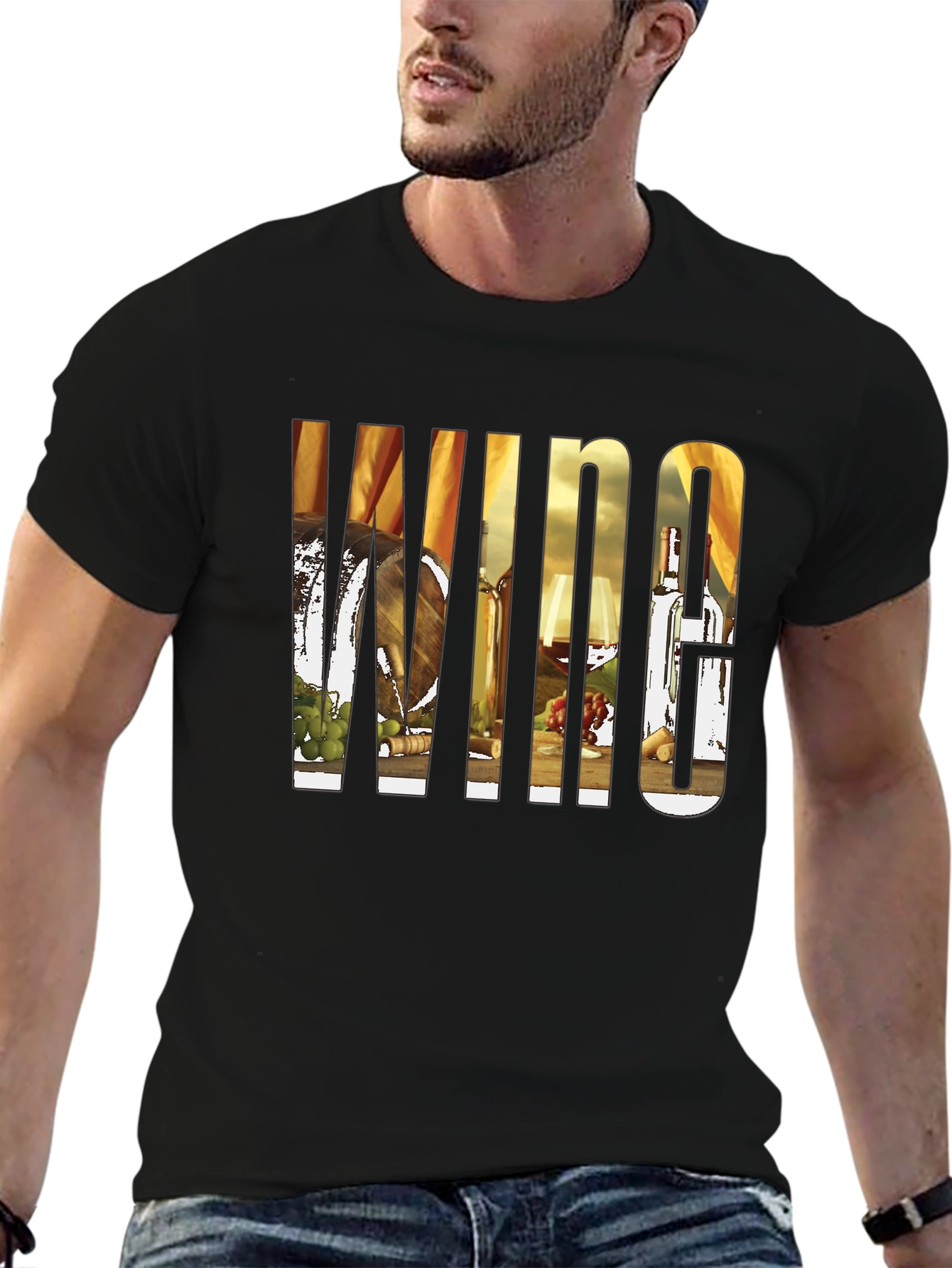 Wine Lovers Black T-Shirt: Barrel Bottle Glass Design