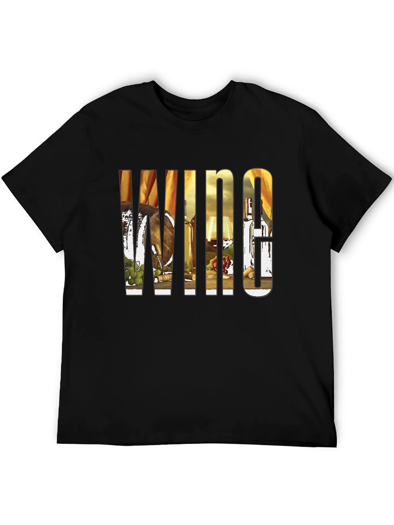 Wine Lovers Black T-Shirt: Barrel Bottle Glass Design