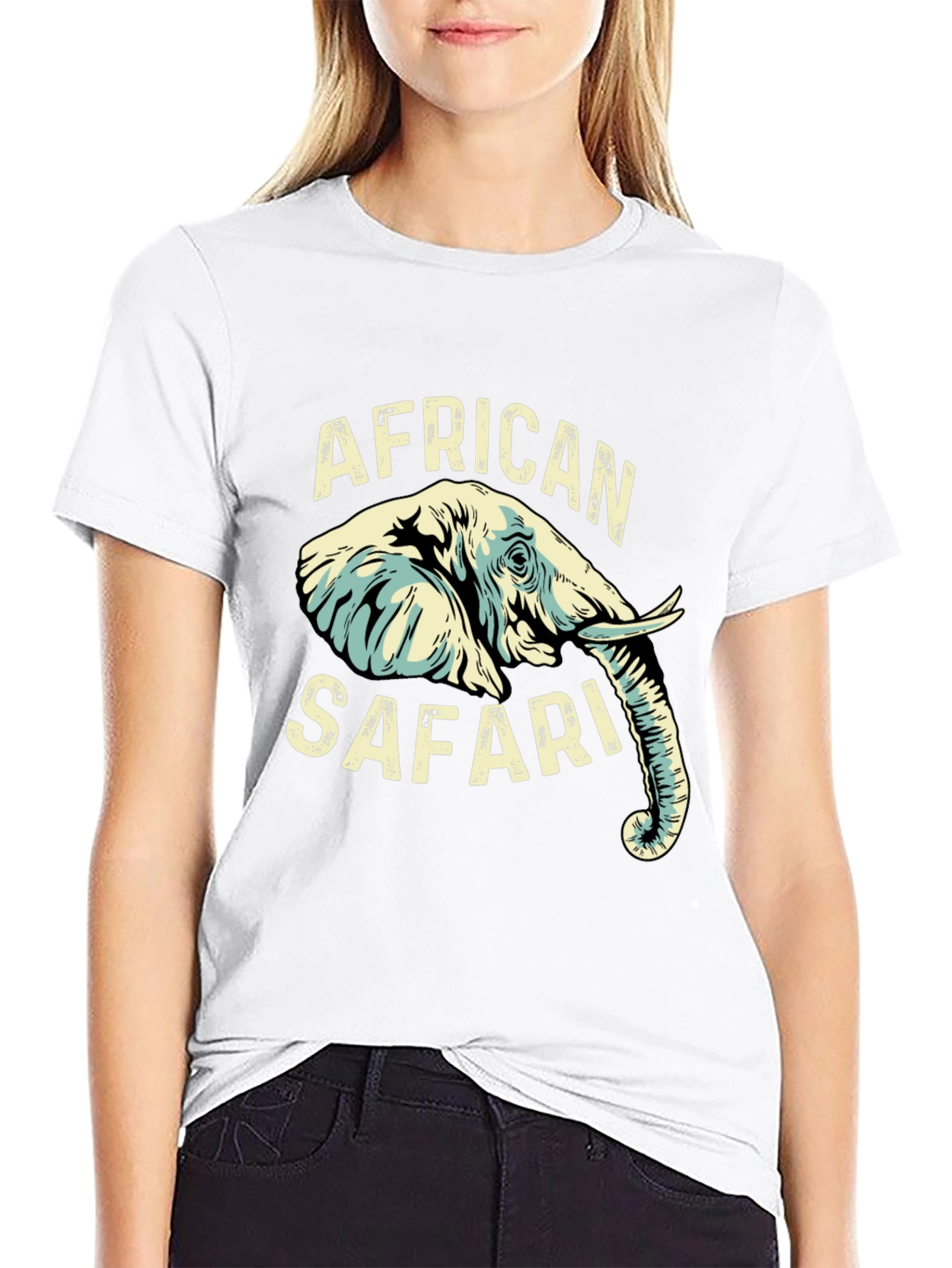 African Safari Elephant Graphic Print Black T-Shirt