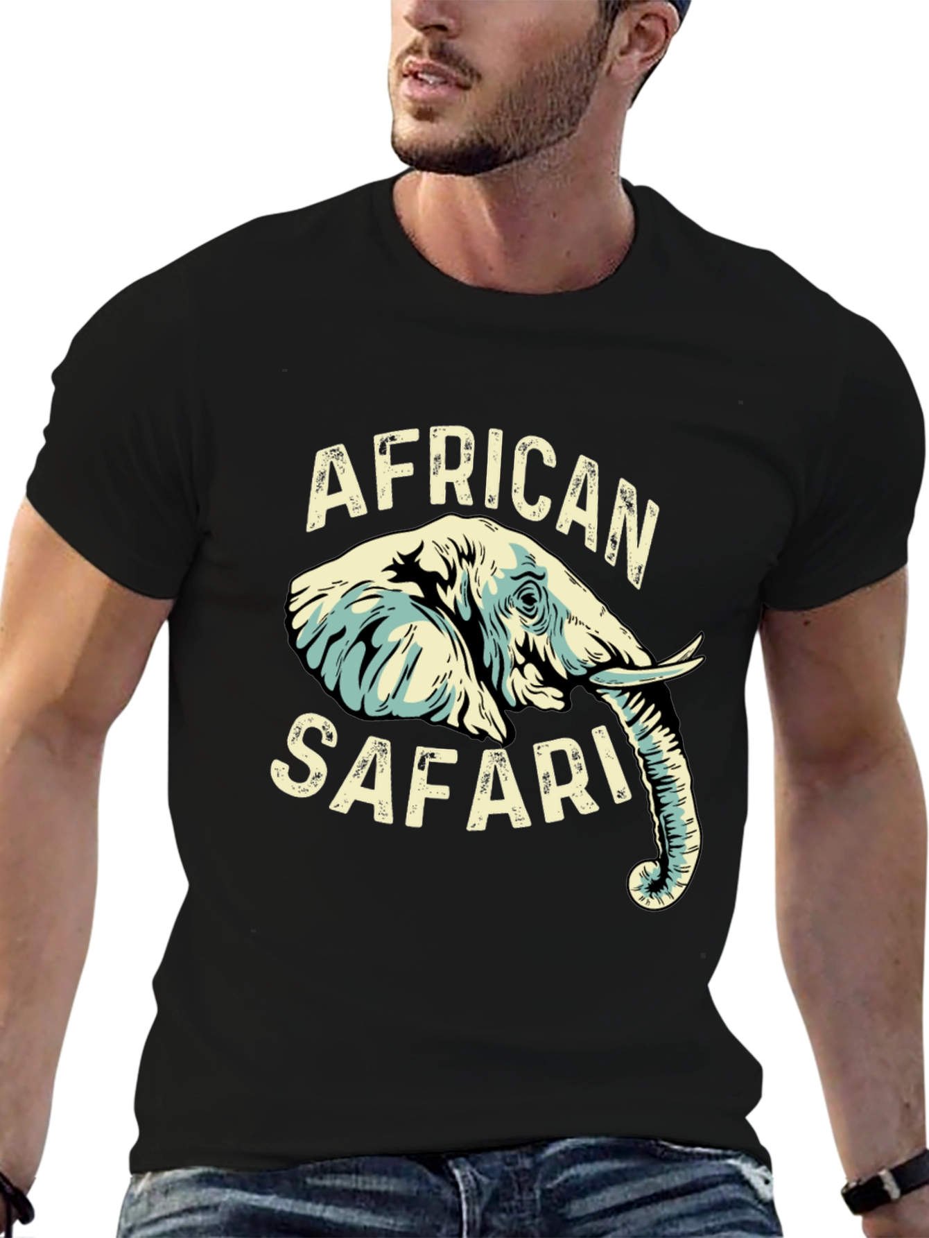 African Safari Elephant Graphic Print Black T-Shirt