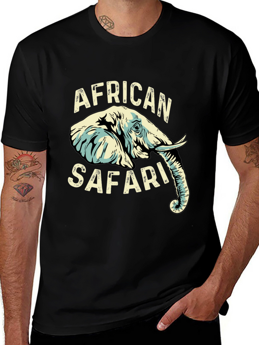 African Safari Elephant Graphic Print Black T-Shirt