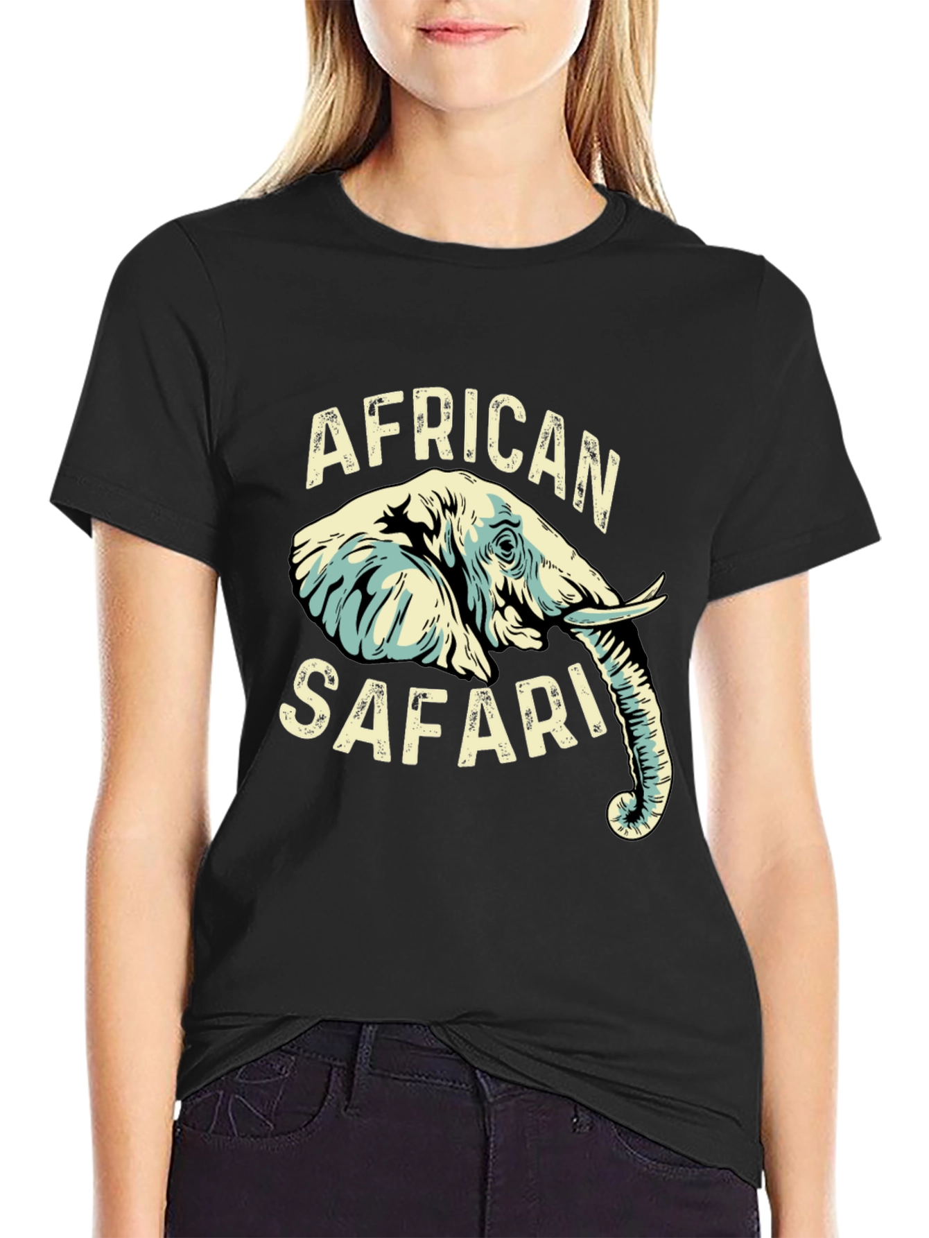 African Safari Elephant Graphic Print Black T-Shirt