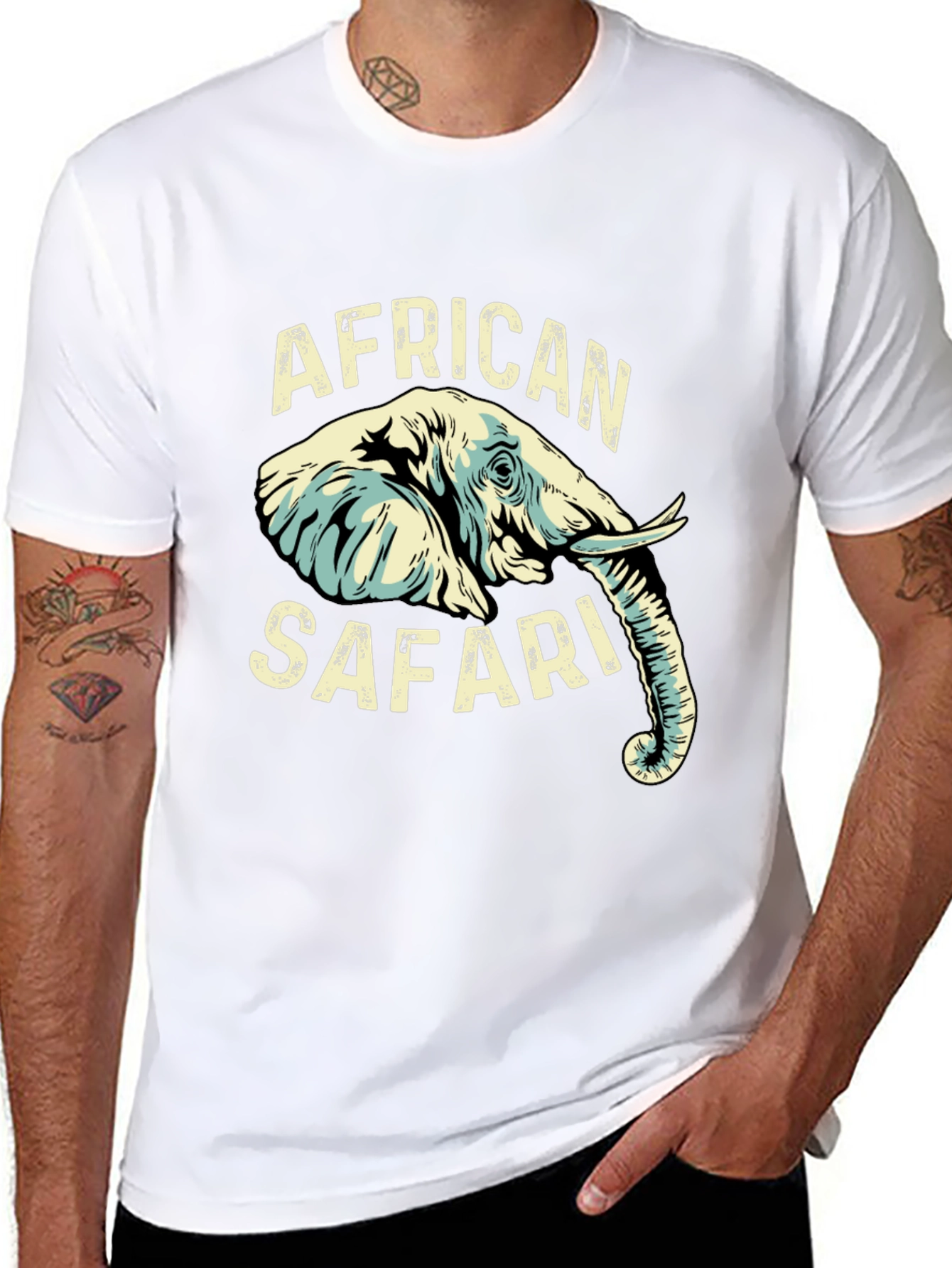 African Safari Elephant Graphic Print Black T-Shirt
