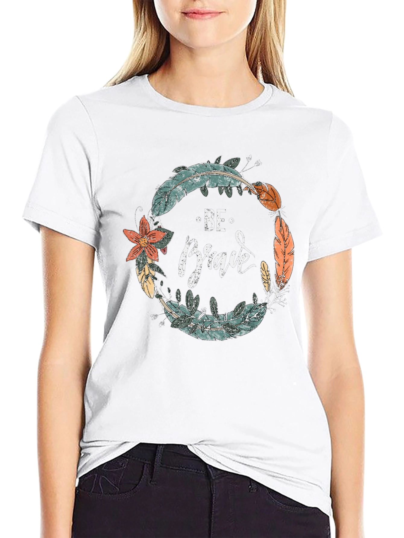 Be Brave Feather Wreath Graphic Tee - Black