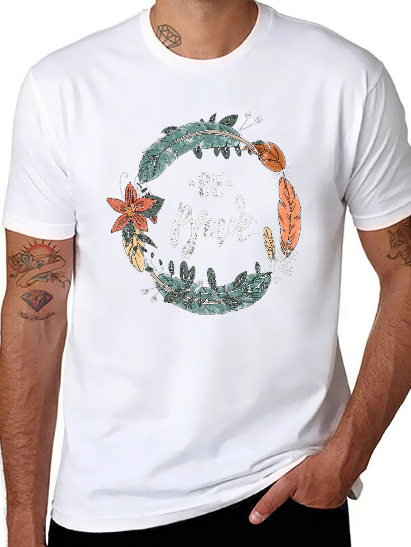 Be Brave Feather Wreath Graphic Tee - Black