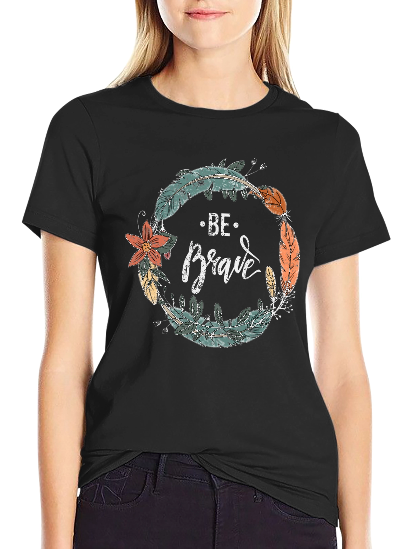 Be Brave Feather Wreath Graphic Tee - Black