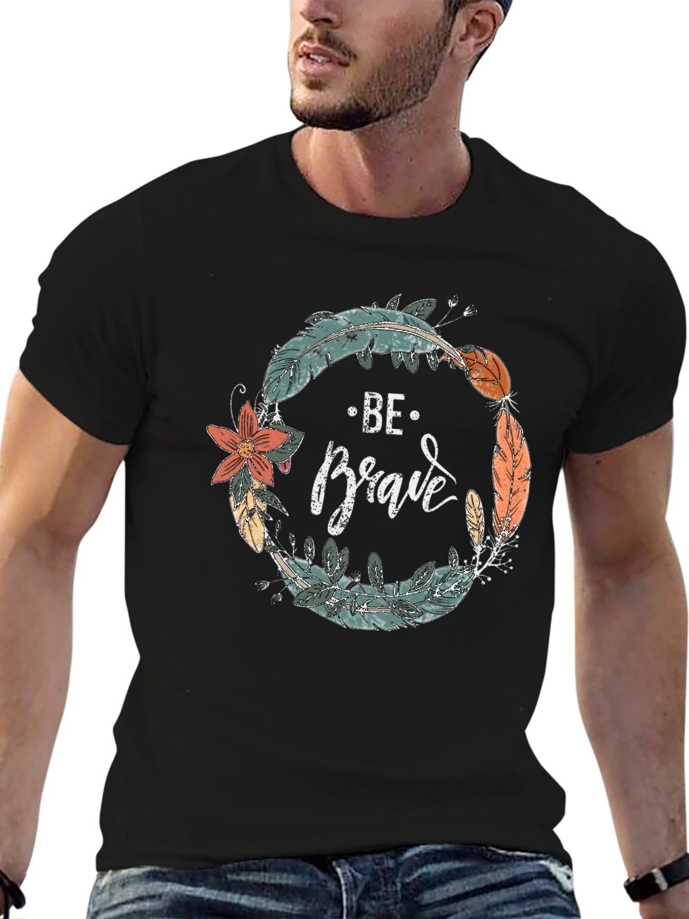 Be Brave Feather Wreath Graphic Tee - Black