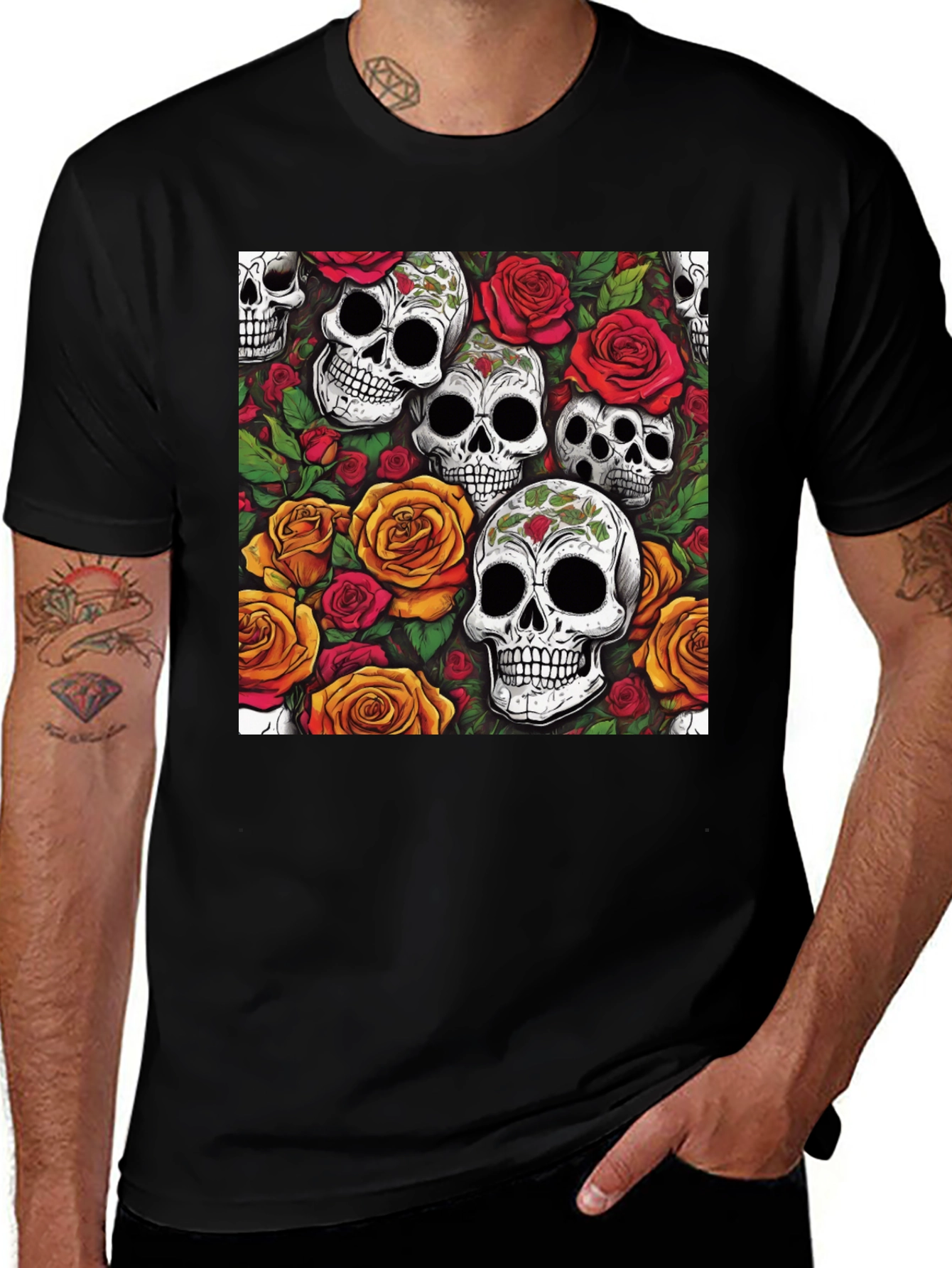 Skull and Roses Graphic Tee - Black