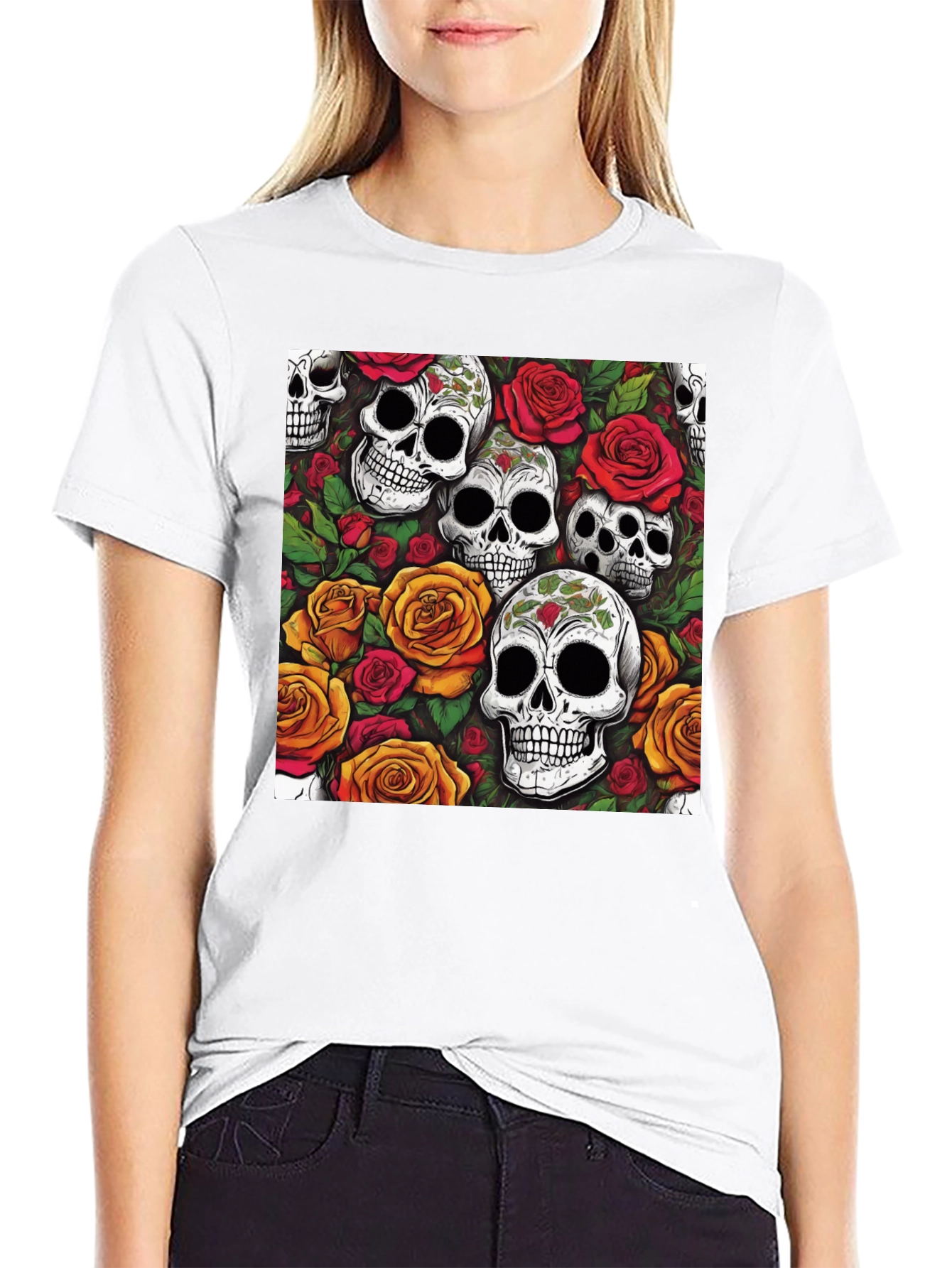 Skull and Roses Graphic Tee - Black