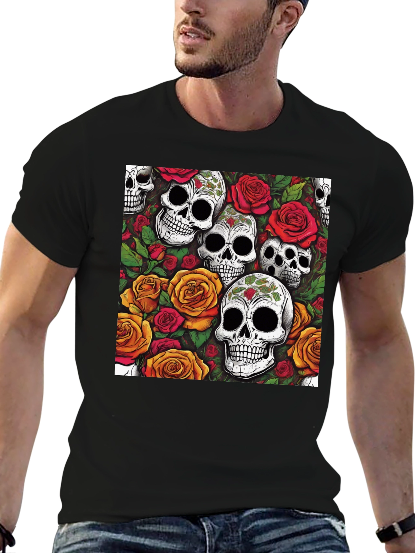 Skull and Roses Graphic Tee - Black