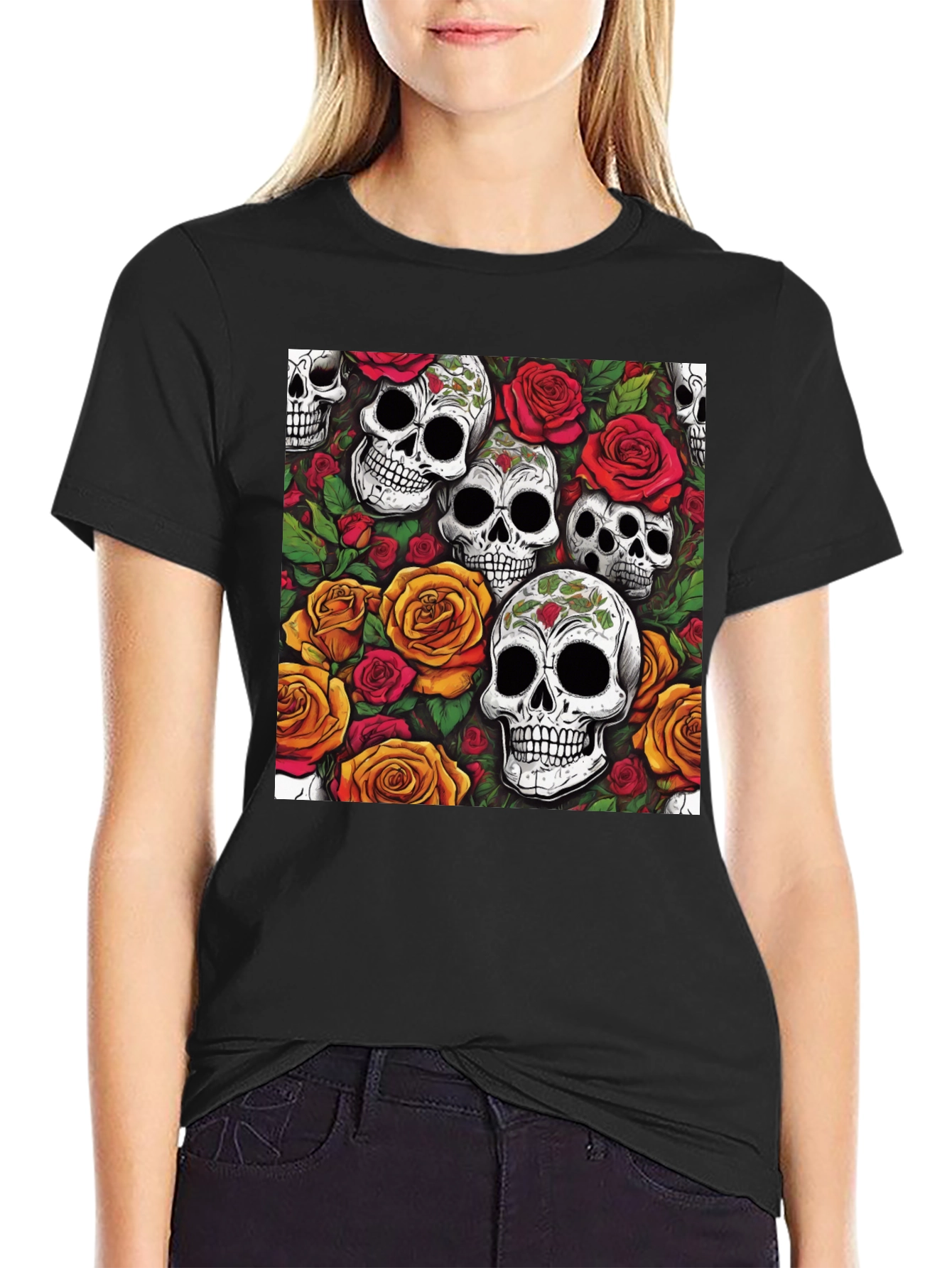 Skull and Roses Graphic Tee - Black