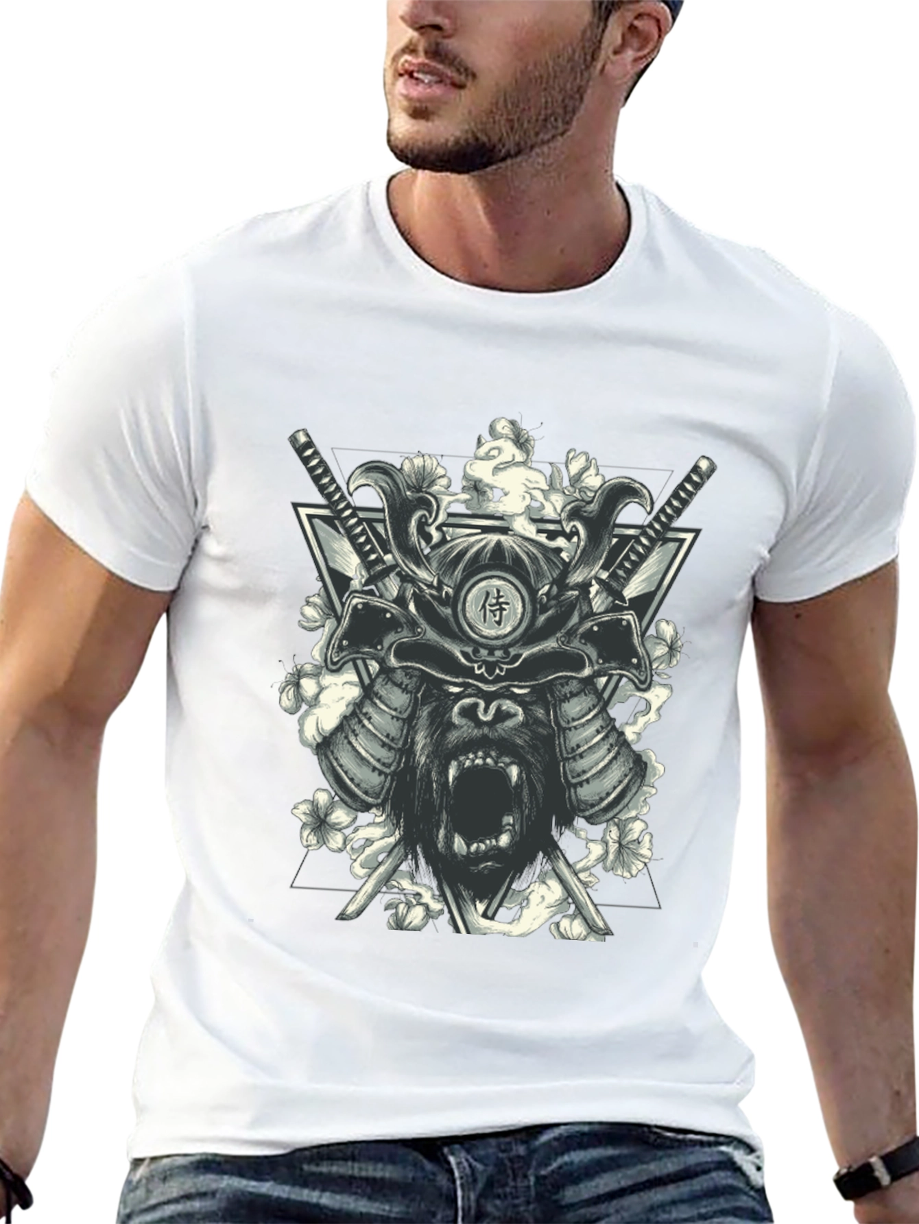 Samurai Gorilla Graphic Print Black T-Shirt