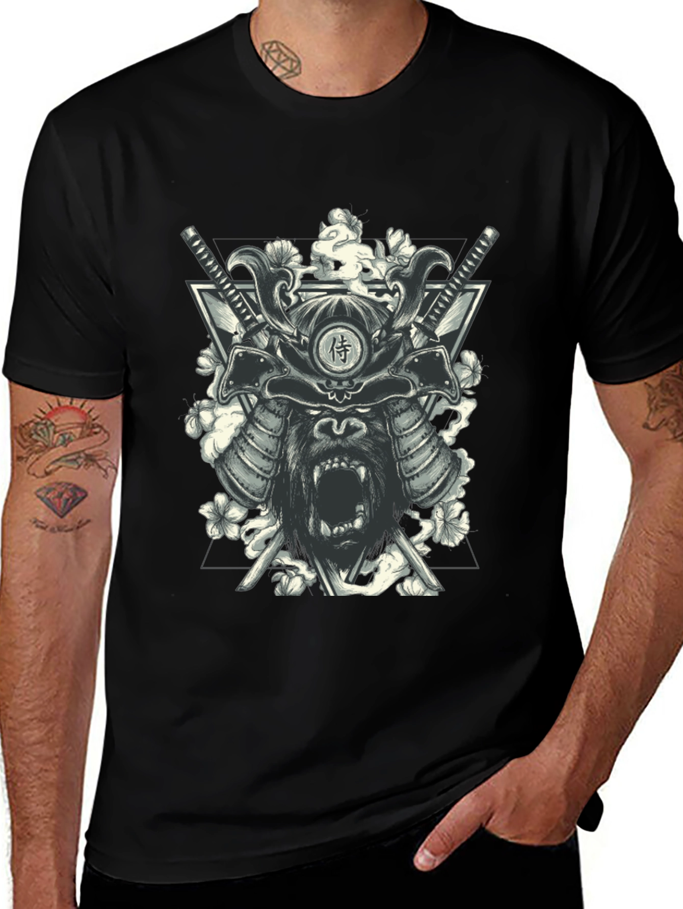 Samurai Gorilla Graphic Print Black T-Shirt