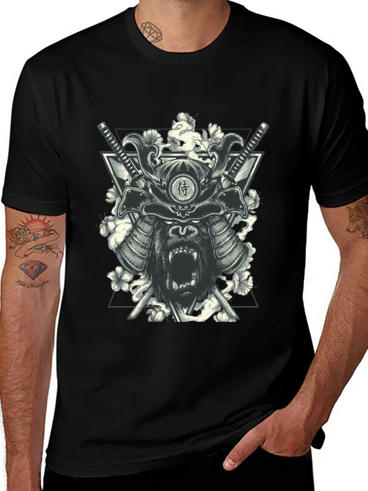 Samurai Gorilla Graphic Print Black T-Shirt