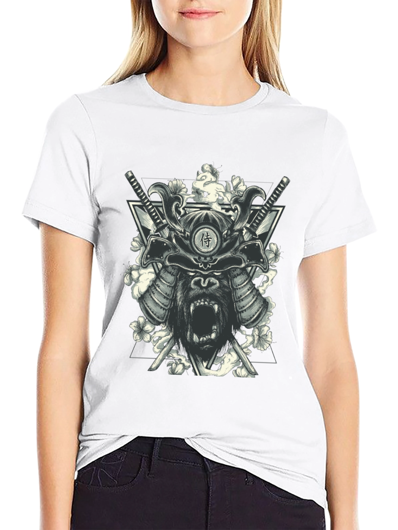 Samurai Gorilla Graphic Print Black T-Shirt