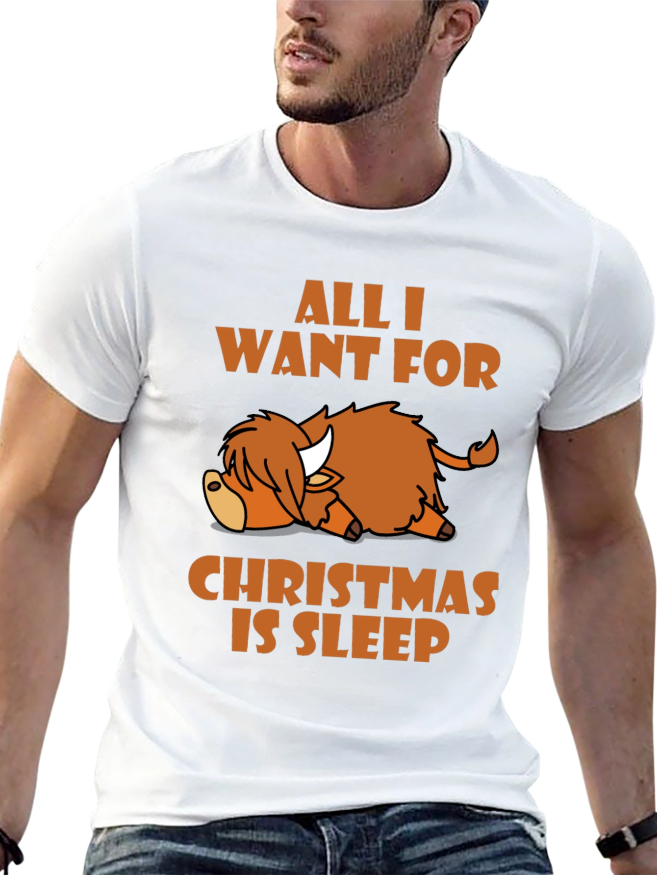 Sleepy Highland Cow Christmas T-Shirt