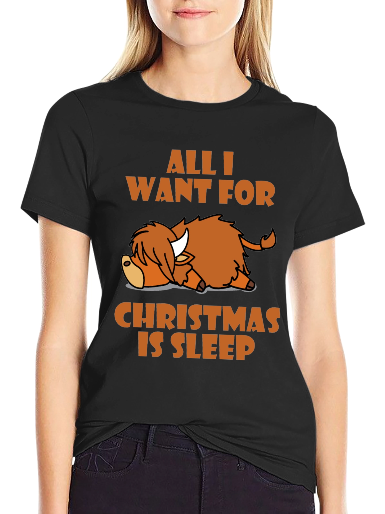 Sleepy Highland Cow Christmas T-Shirt