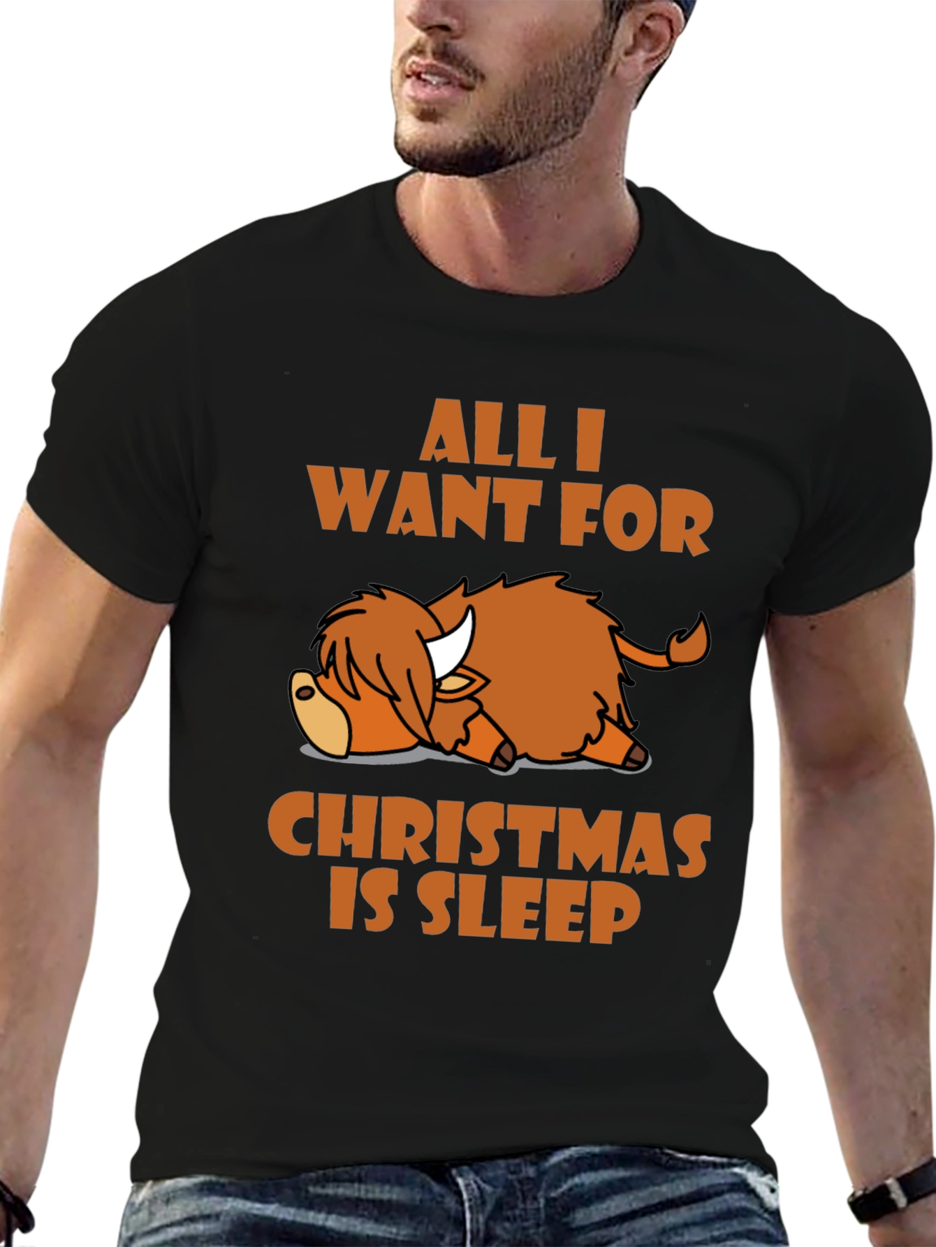 Sleepy Highland Cow Christmas T-Shirt