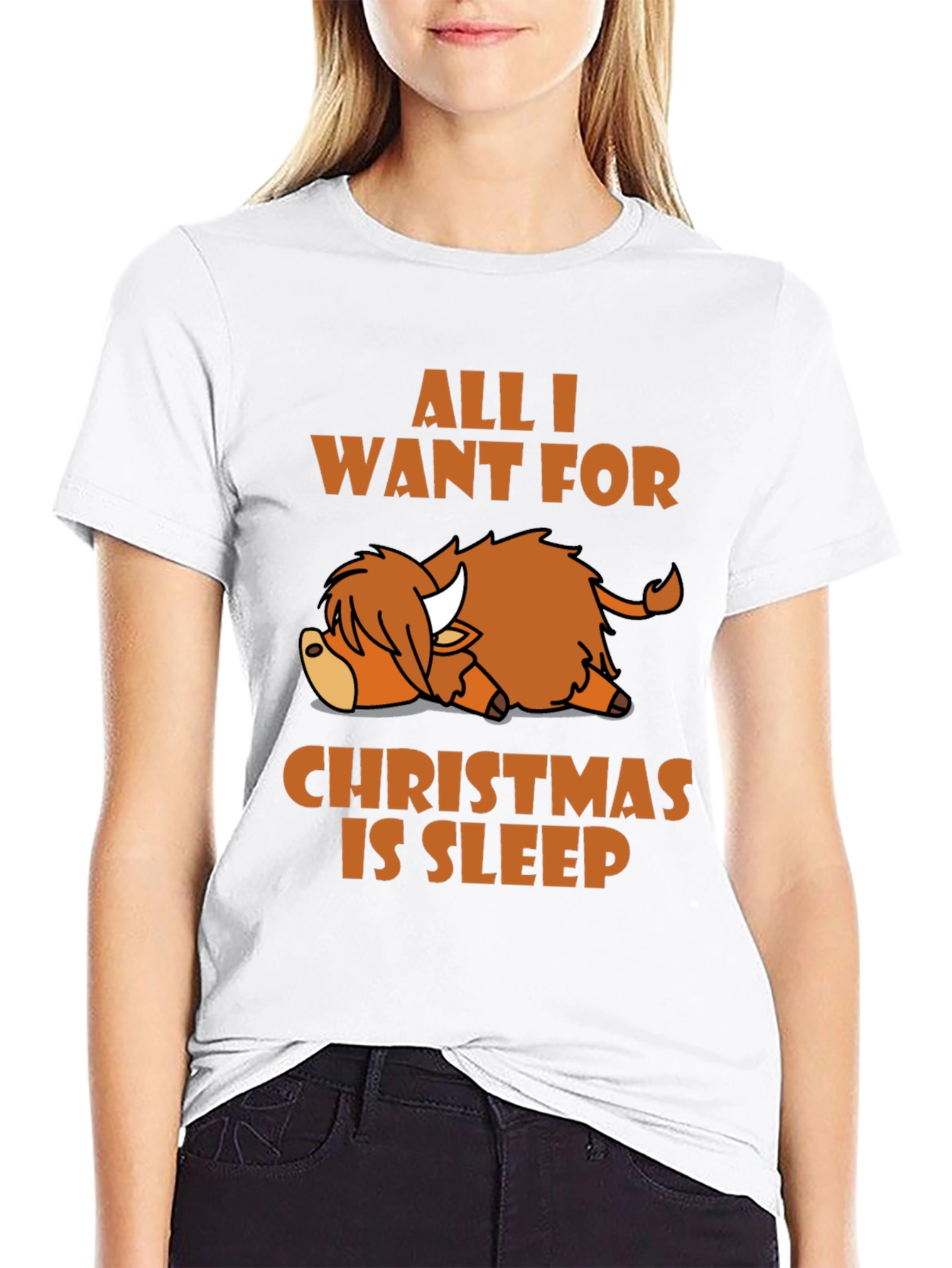 Sleepy Highland Cow Christmas T-Shirt
