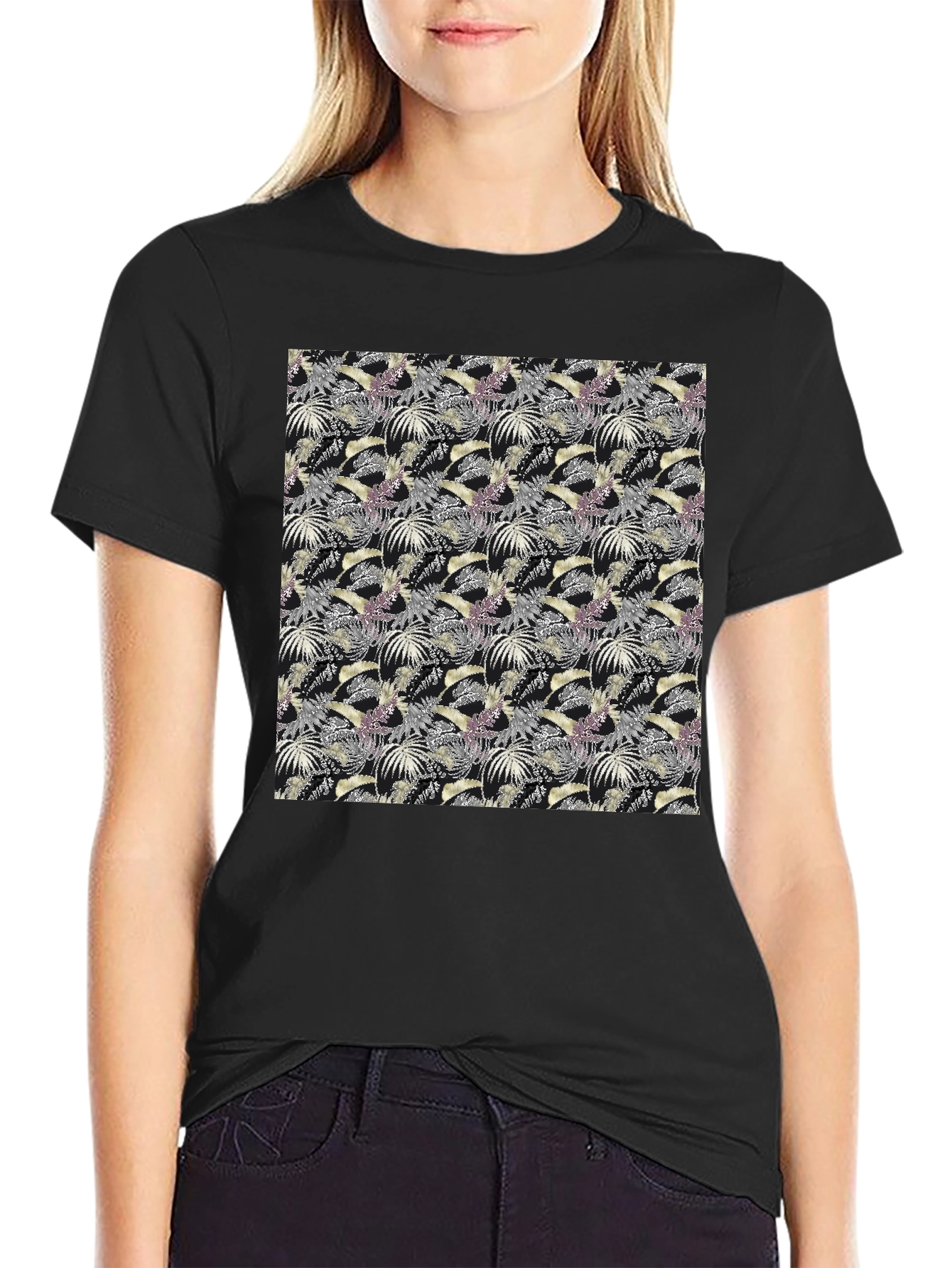 Tropical Leaves Pattern Black T-Shirt
