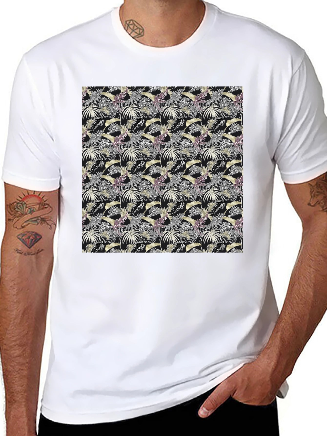 Tropical Leaves Pattern Black T-Shirt