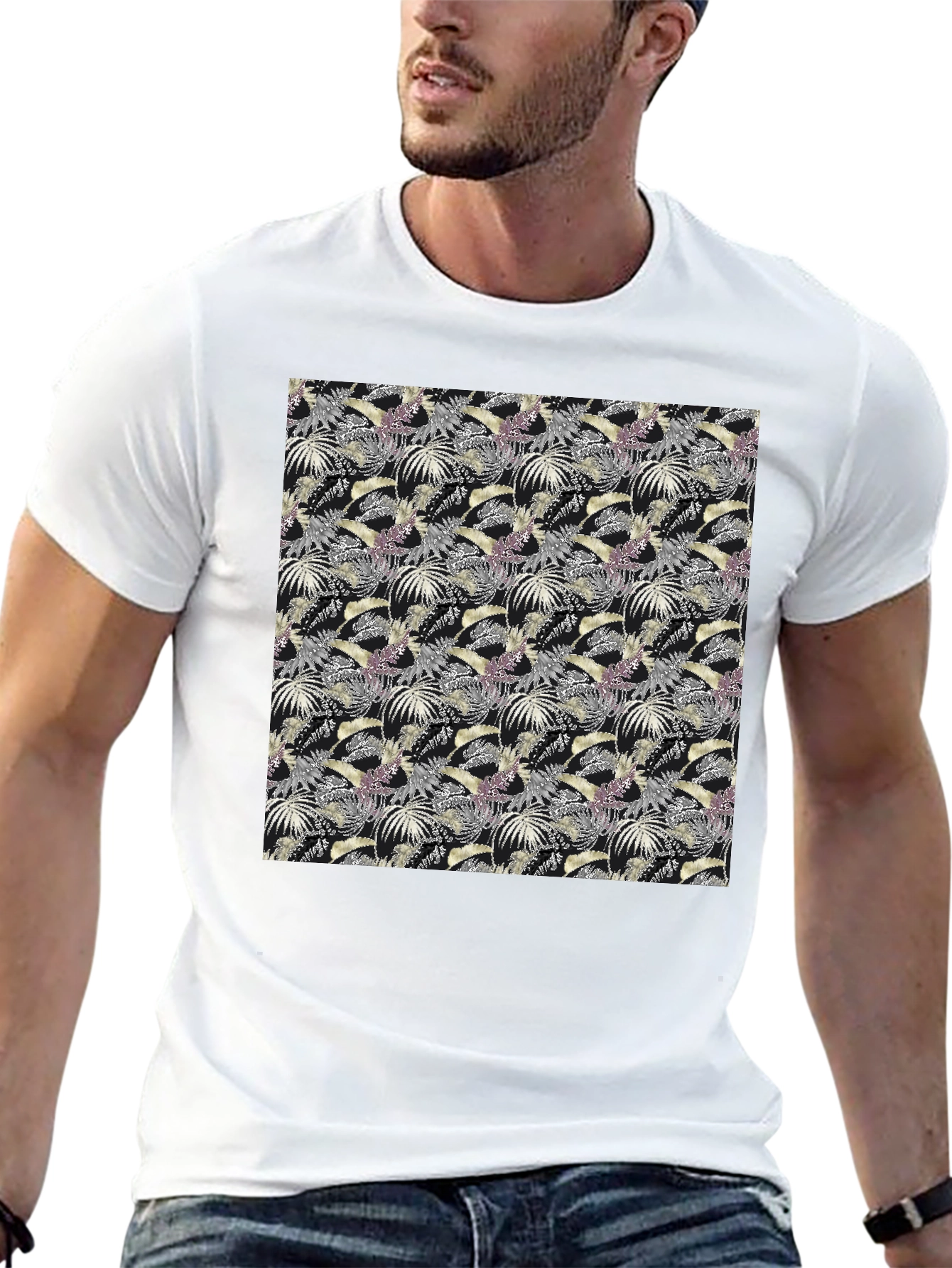 Tropical Leaves Pattern Black T-Shirt