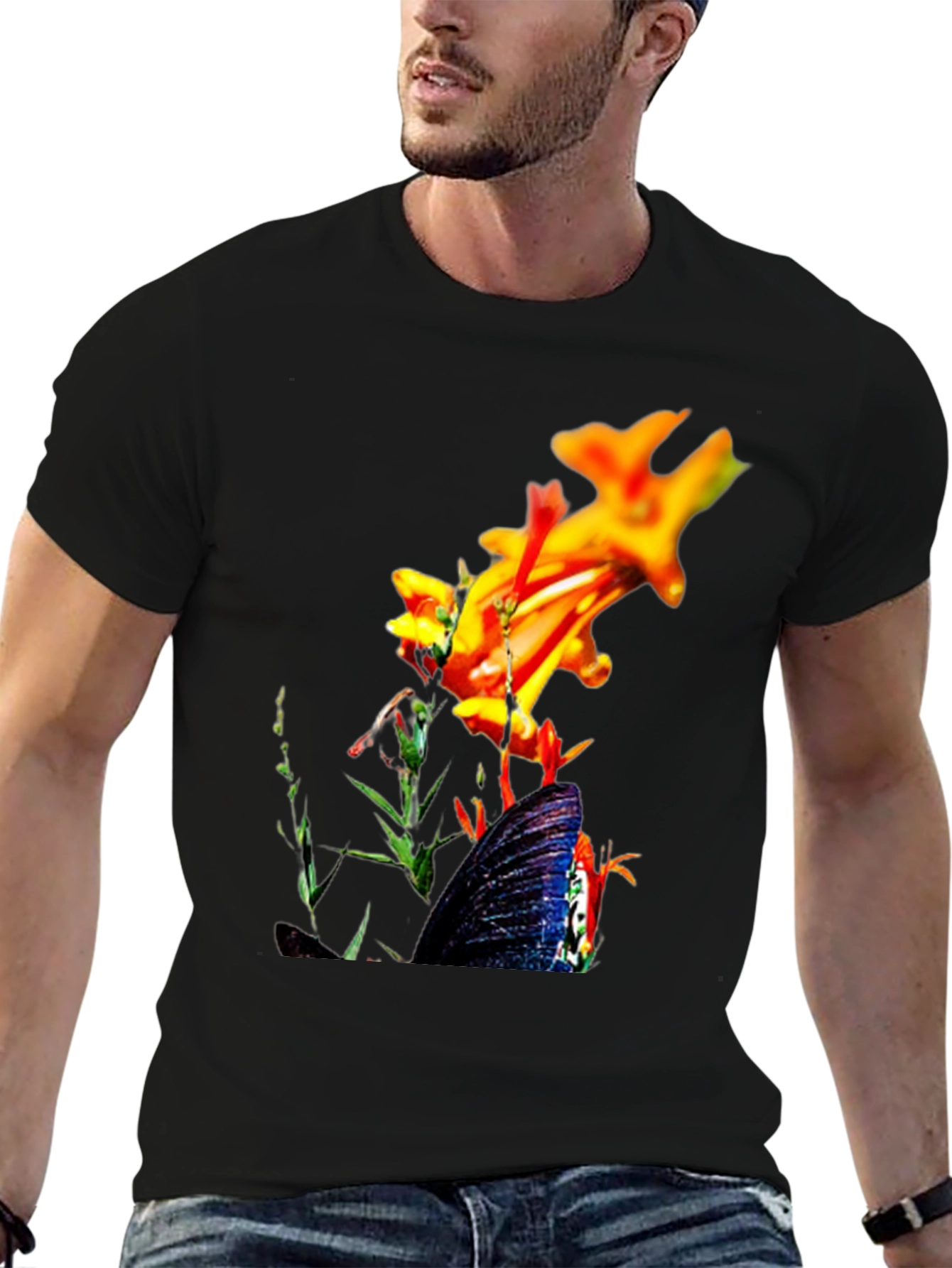 Floral Butterfly Graphic Black T-Shirt