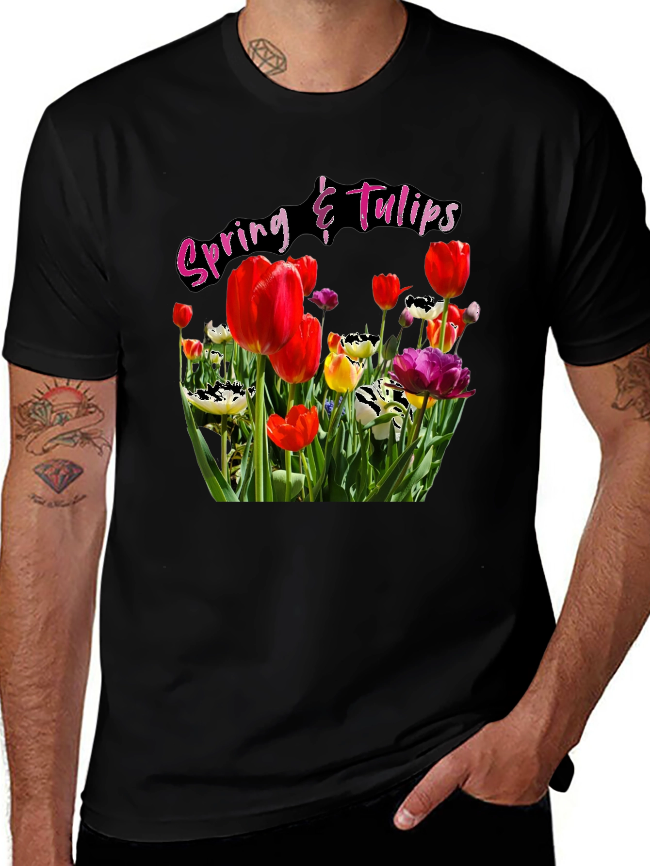 Spring Tulips Graphic Black T-Shirt