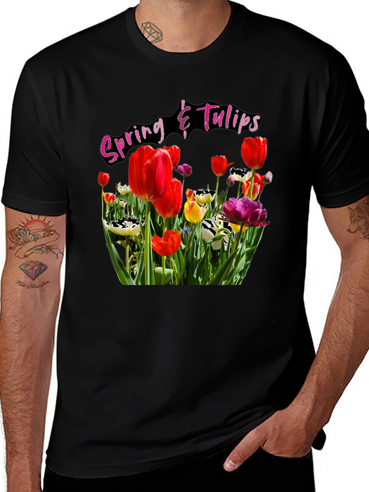 Spring Tulips Graphic Black T-Shirt