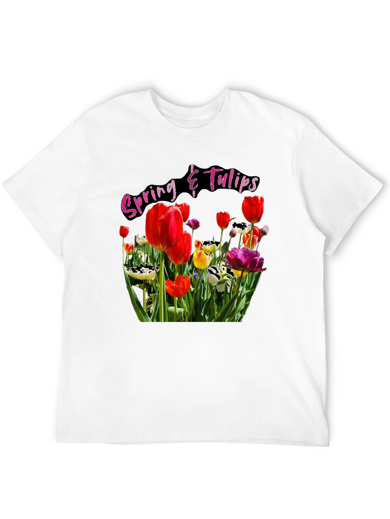 Spring Tulips Graphic Black T-Shirt
