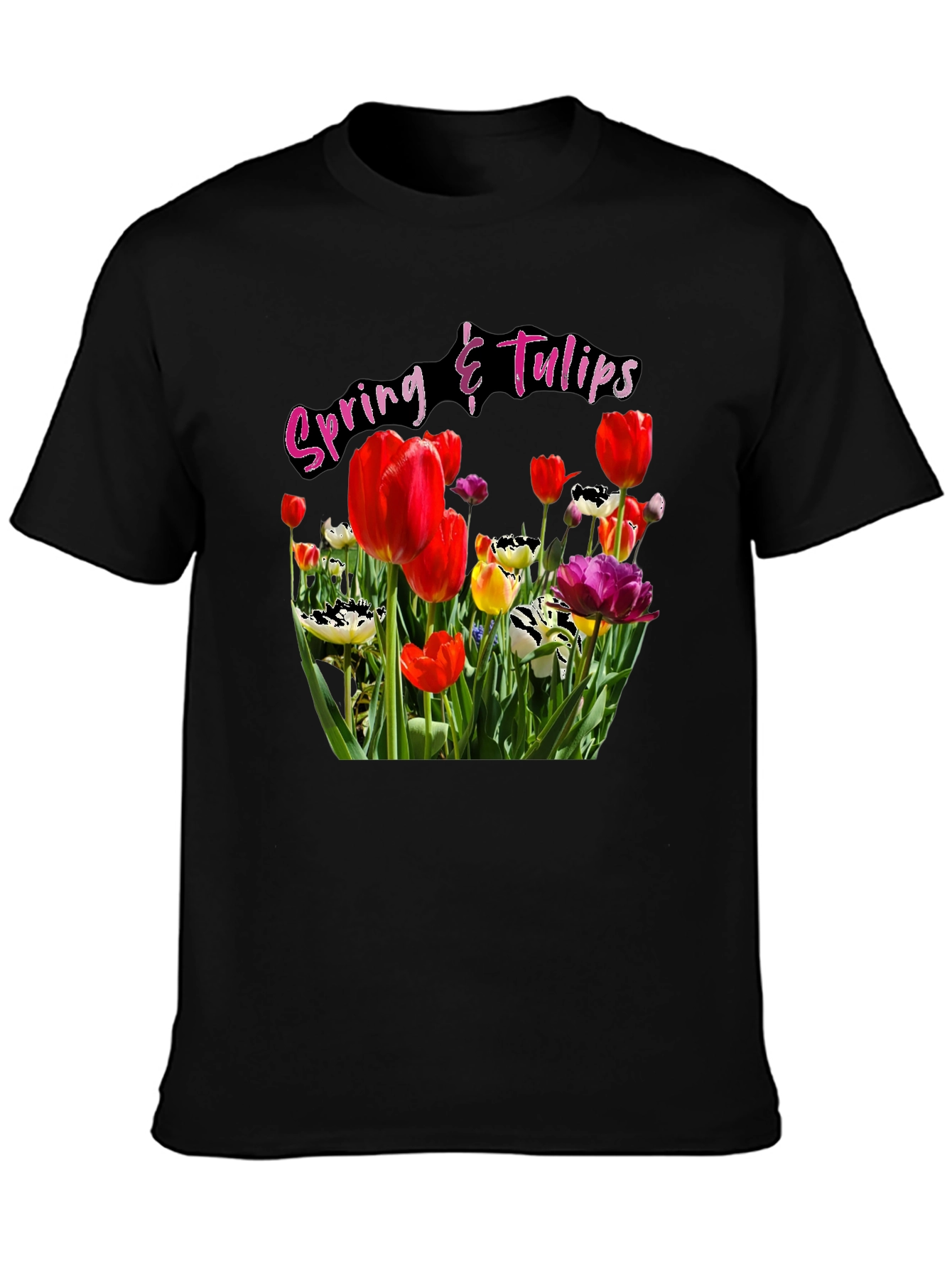 Spring Tulips Graphic Black T-Shirt