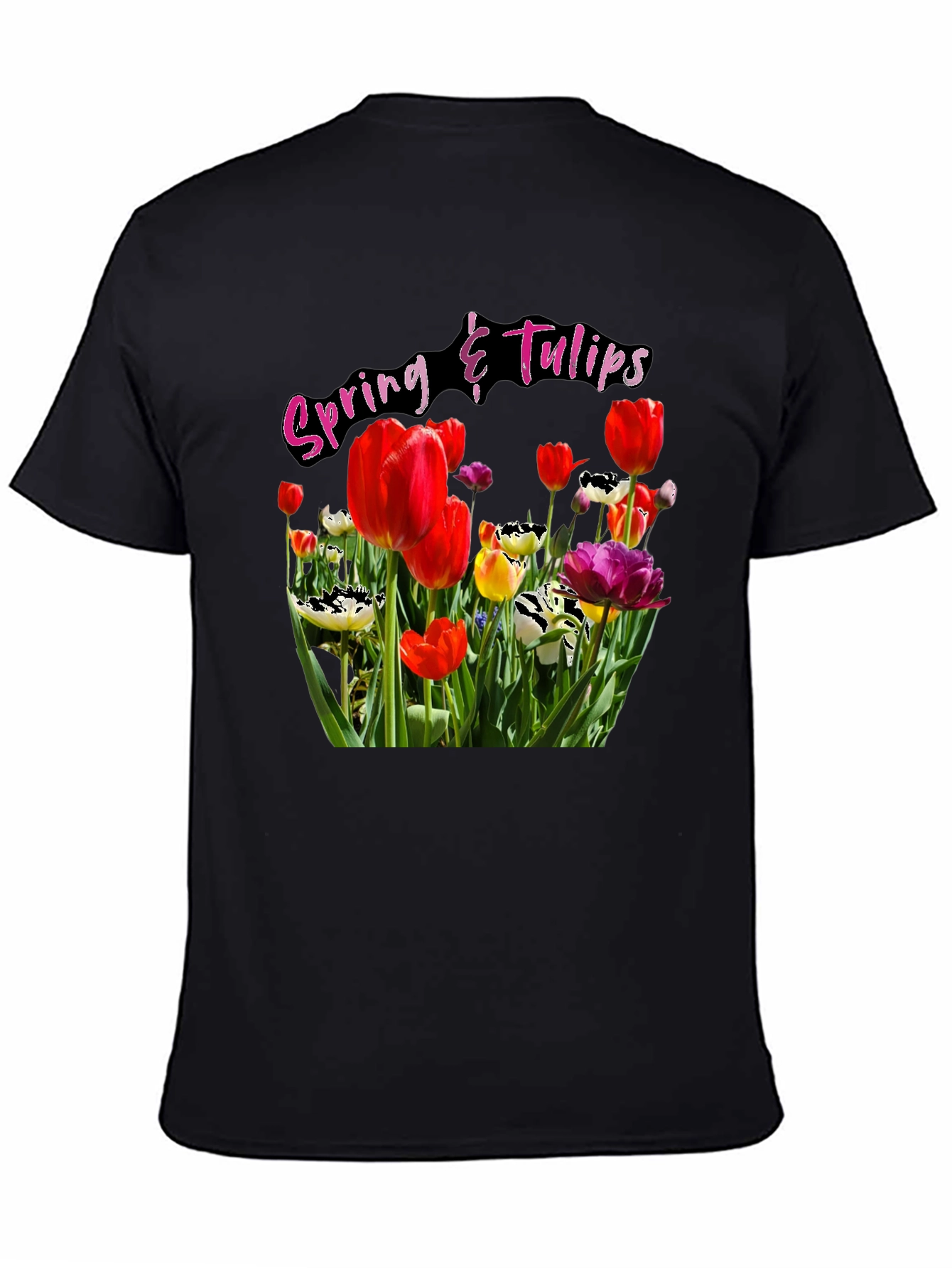 Spring Tulips Graphic Black T-Shirt