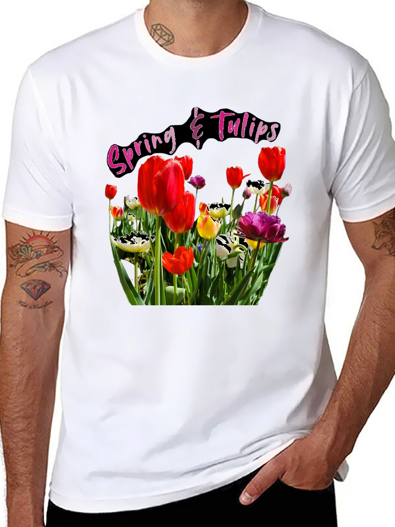 Spring Tulips Graphic Black T-Shirt