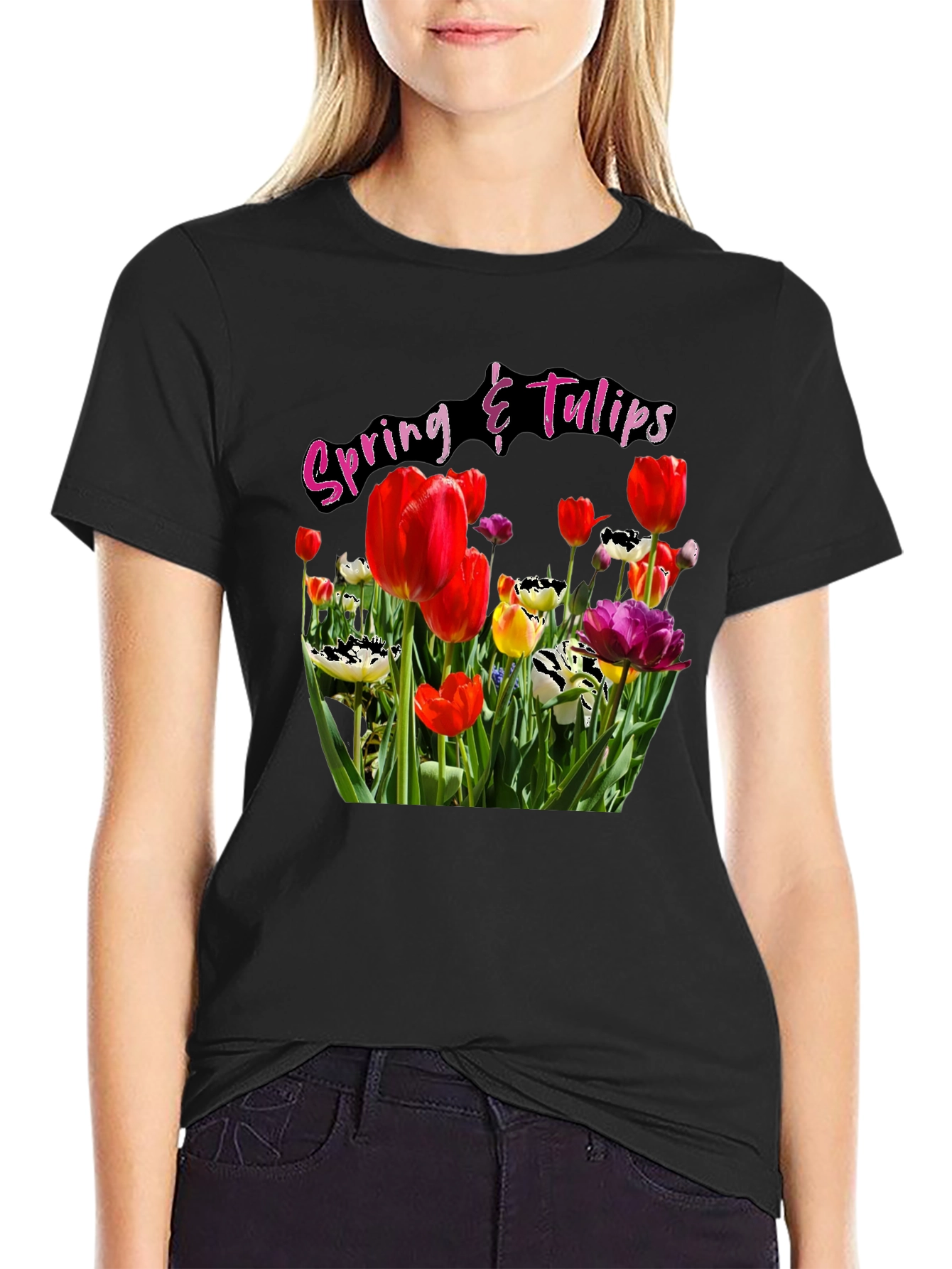 Spring Tulips Graphic Black T-Shirt