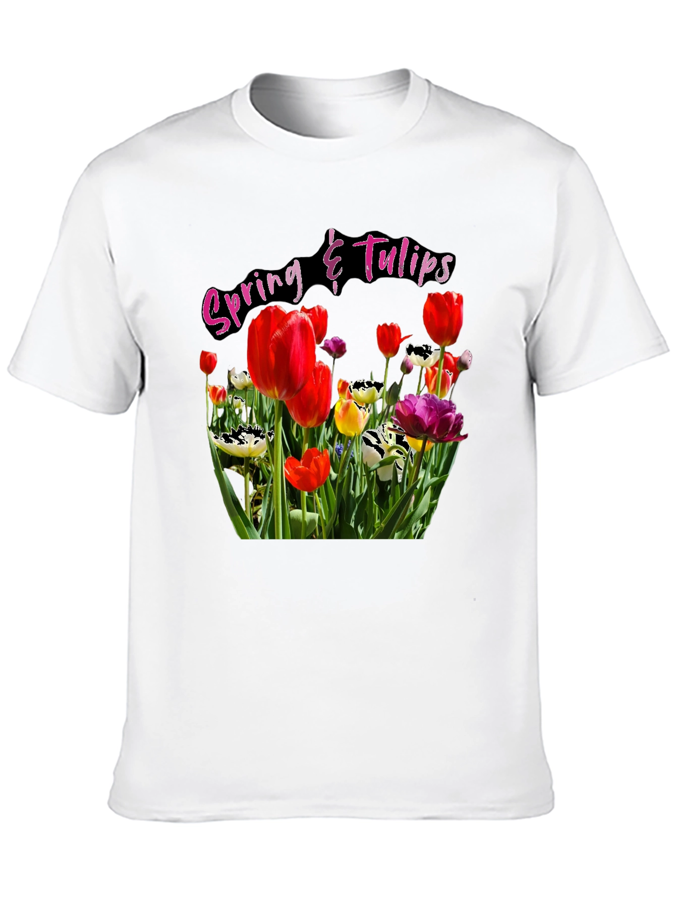 Spring Tulips Graphic Black T-Shirt
