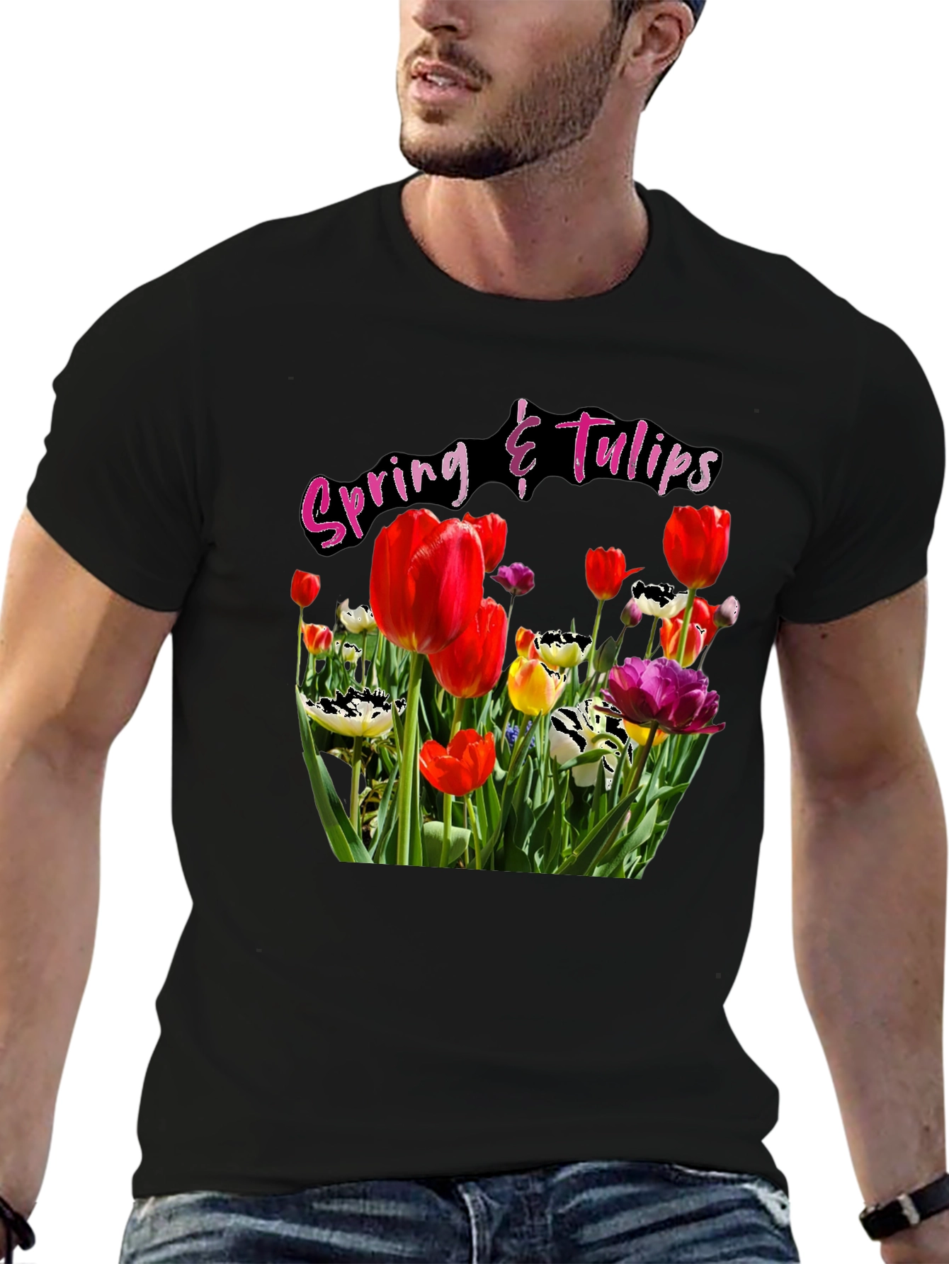 Spring Tulips Graphic Black T-Shirt