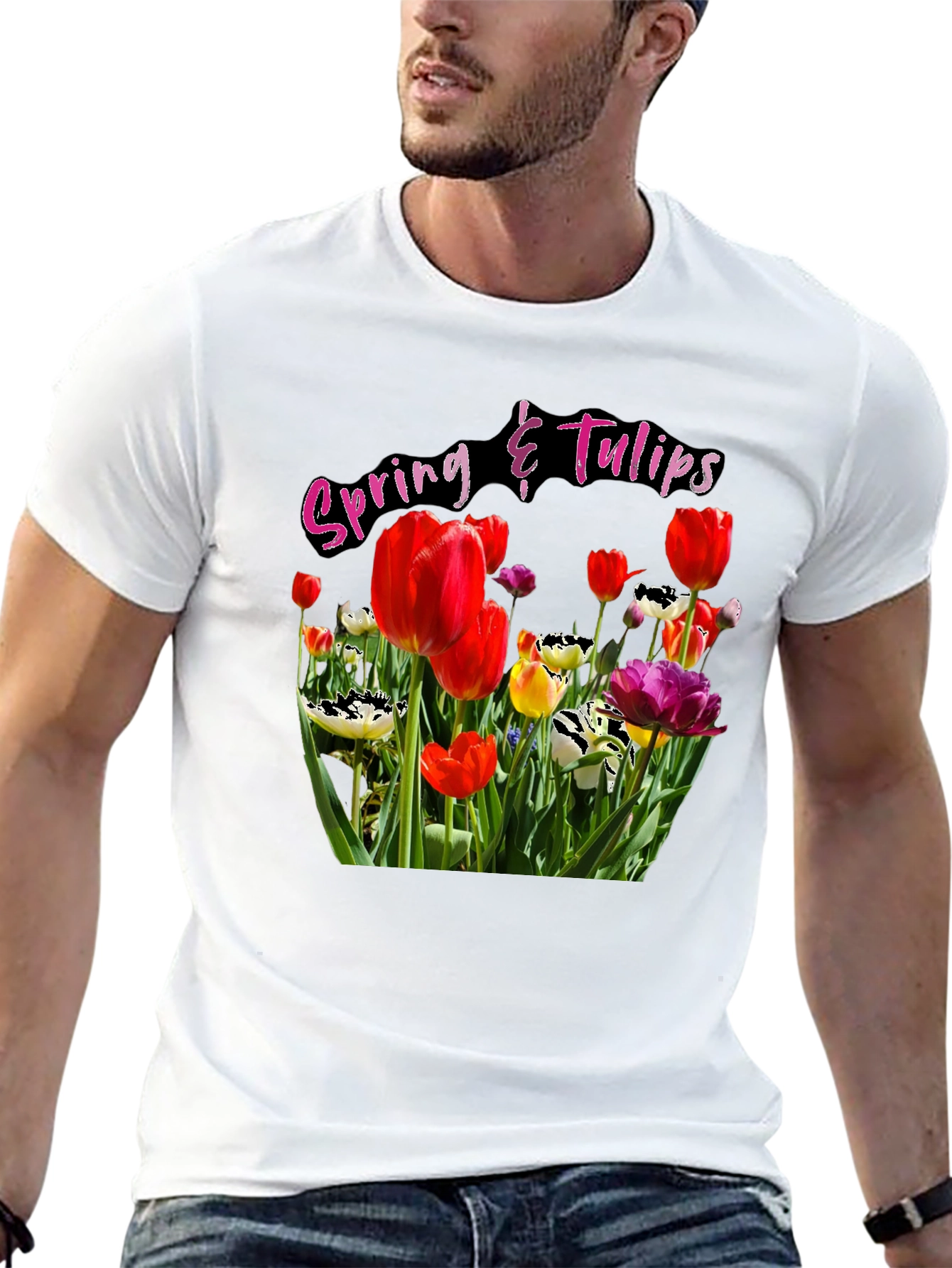 Spring Tulips Graphic Black T-Shirt