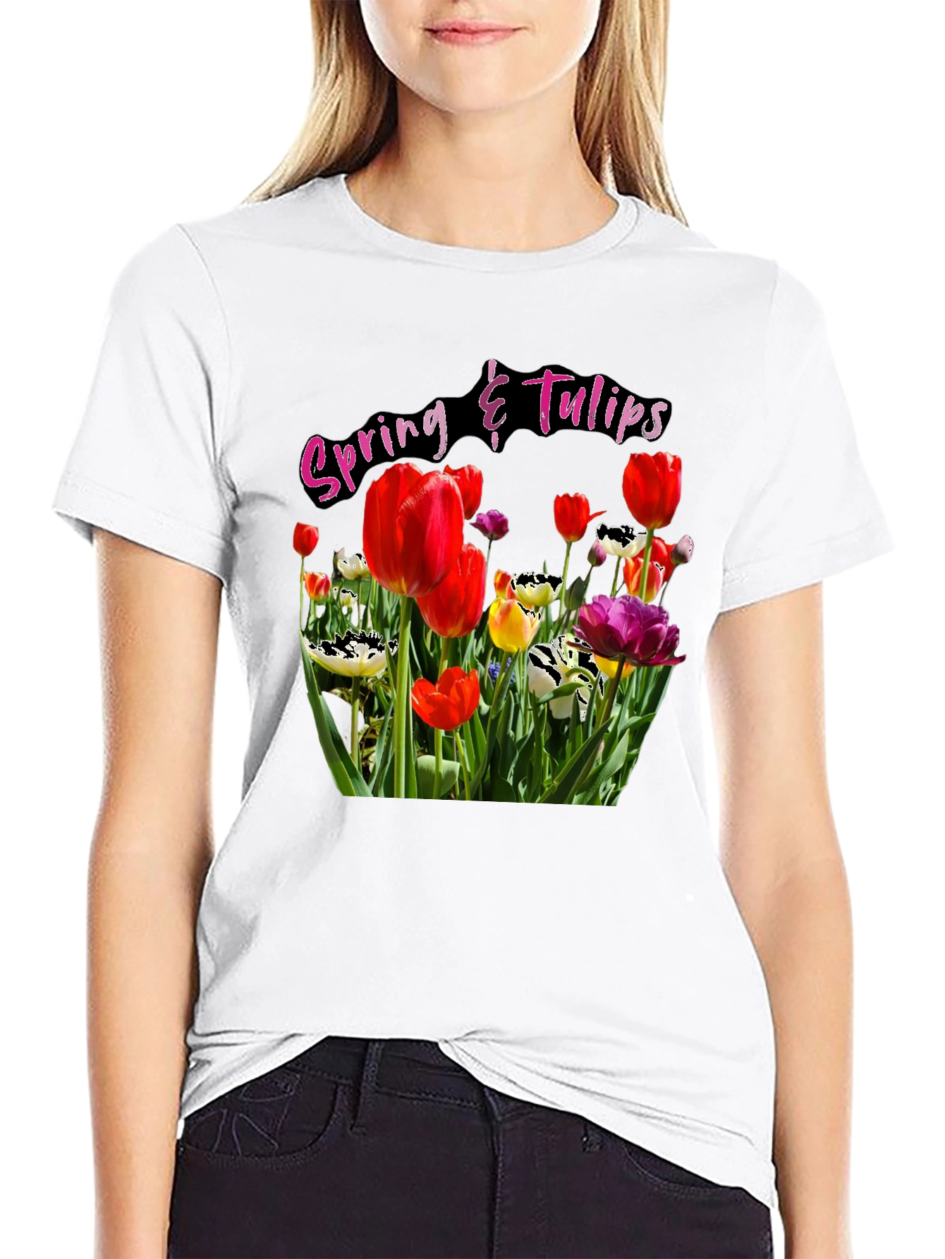 Spring Tulips Graphic Black T-Shirt