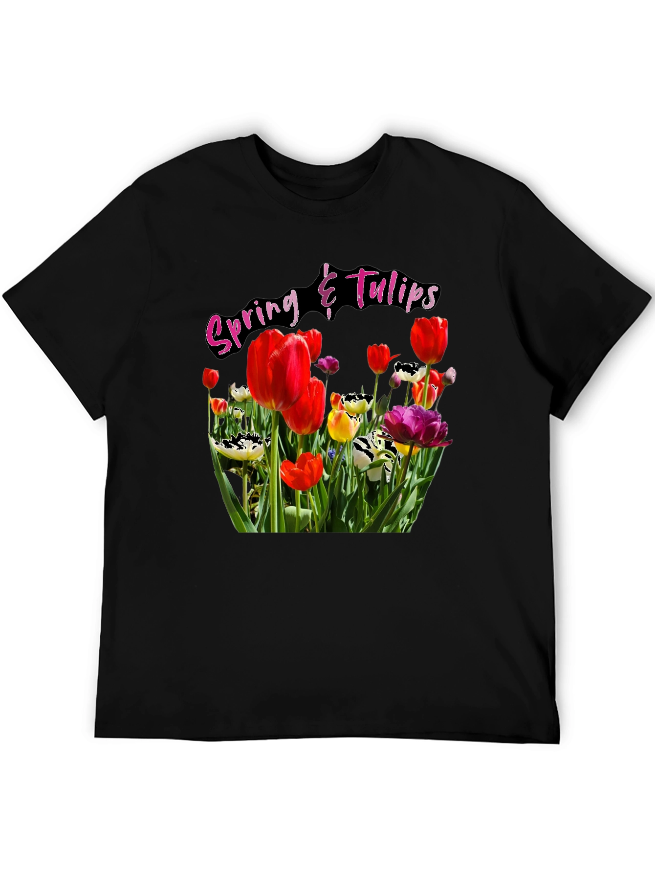 Spring Tulips Graphic Black T-Shirt