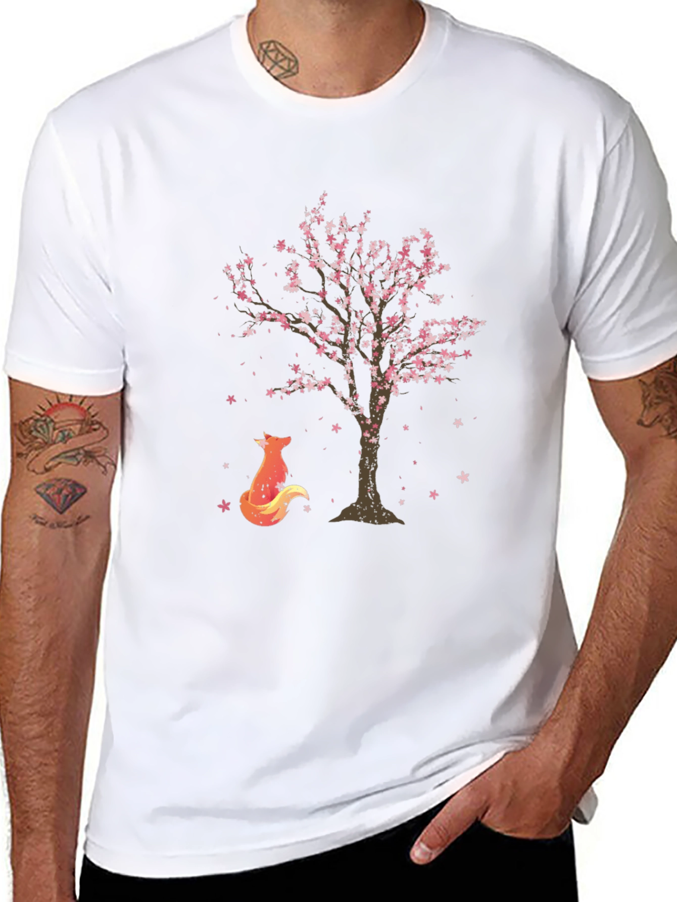 Fox & Sakura Tree Graphic Black T-Shirt