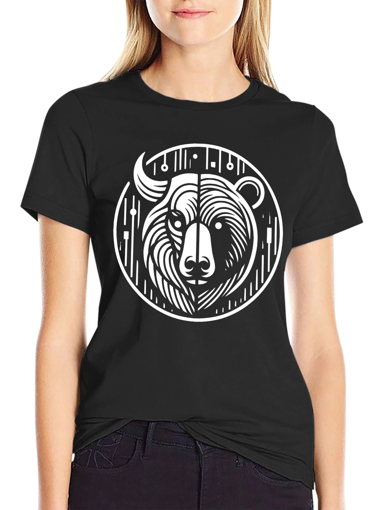 Black Graphic Tee - Abstract Bear Design