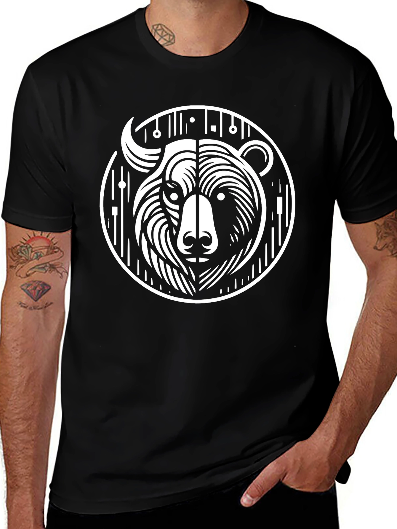 Black Graphic Tee - Abstract Bear Design