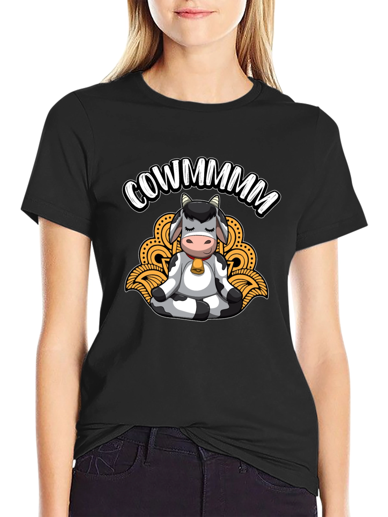 Meditating Cow Black T-Shirt - Funny Cowmmm Design