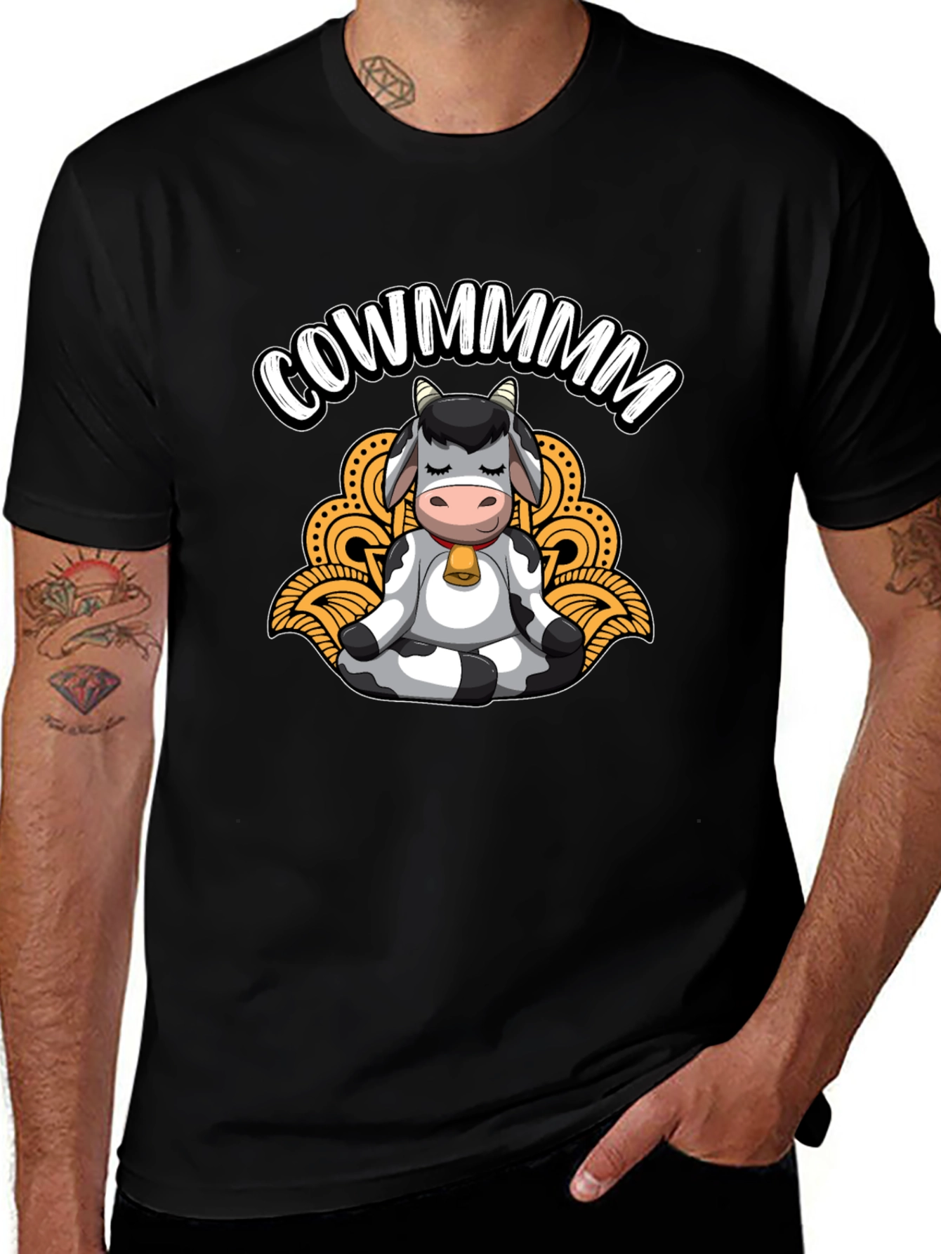 Meditating Cow Black T-Shirt - Funny Cowmmm Design