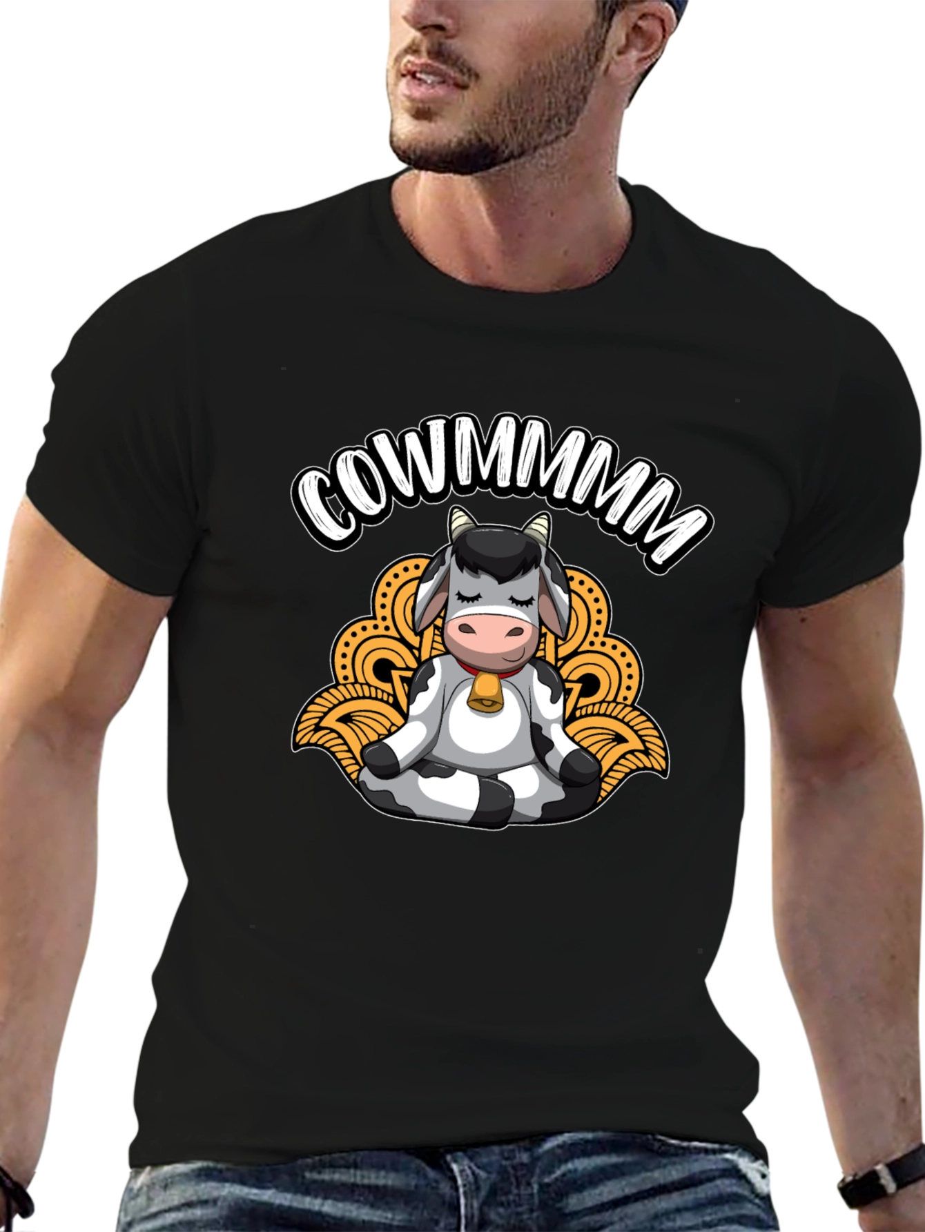 Meditating Cow Black T-Shirt - Funny Cowmmm Design