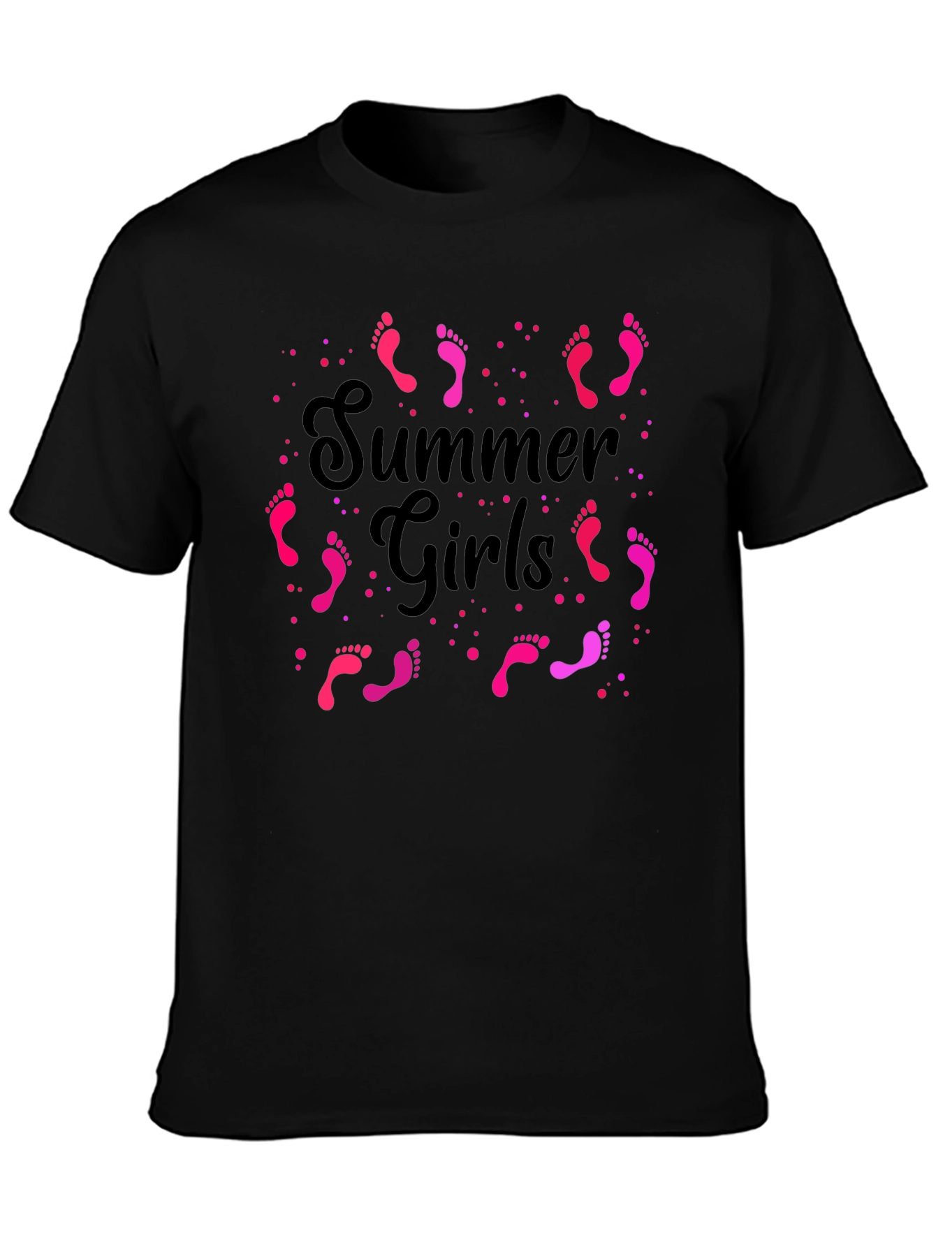 Summer Girls Pink Footprints Graphic Black T-Shirt
