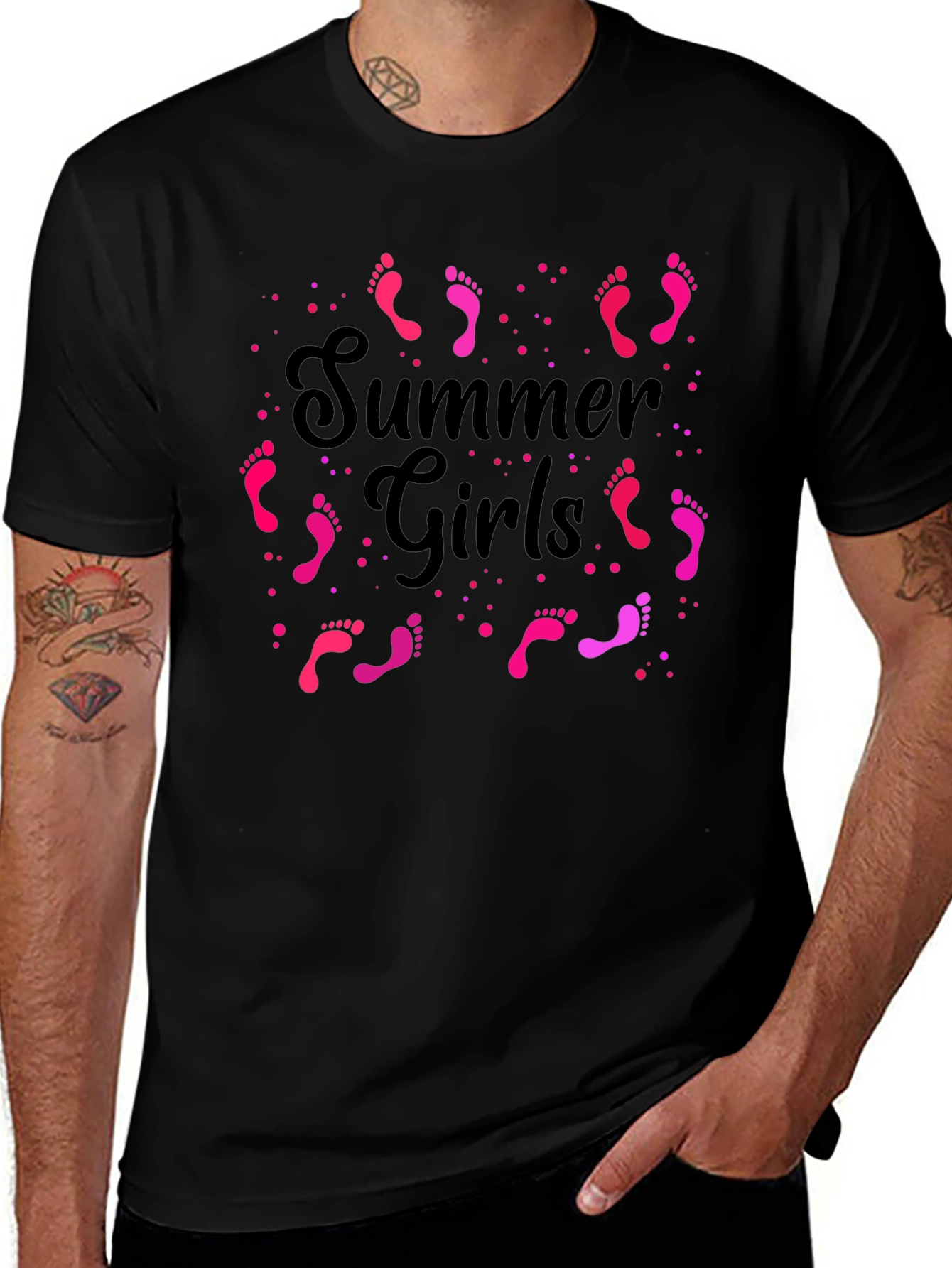Summer Girls Pink Footprints Graphic Black T-Shirt