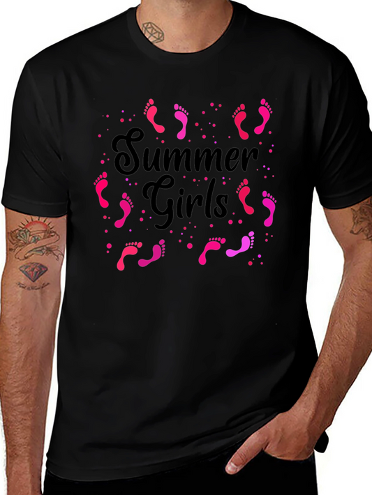 Summer Girls Pink Footprints Graphic Black T-Shirt